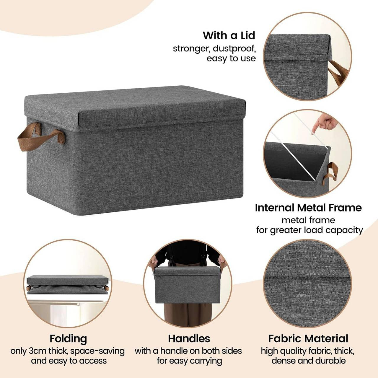 24goodz Set of 10 Storage Boxes with Lids - Space-Saving Design - Durable Polyester - For Organizing - Grey (38x27x20 cm)