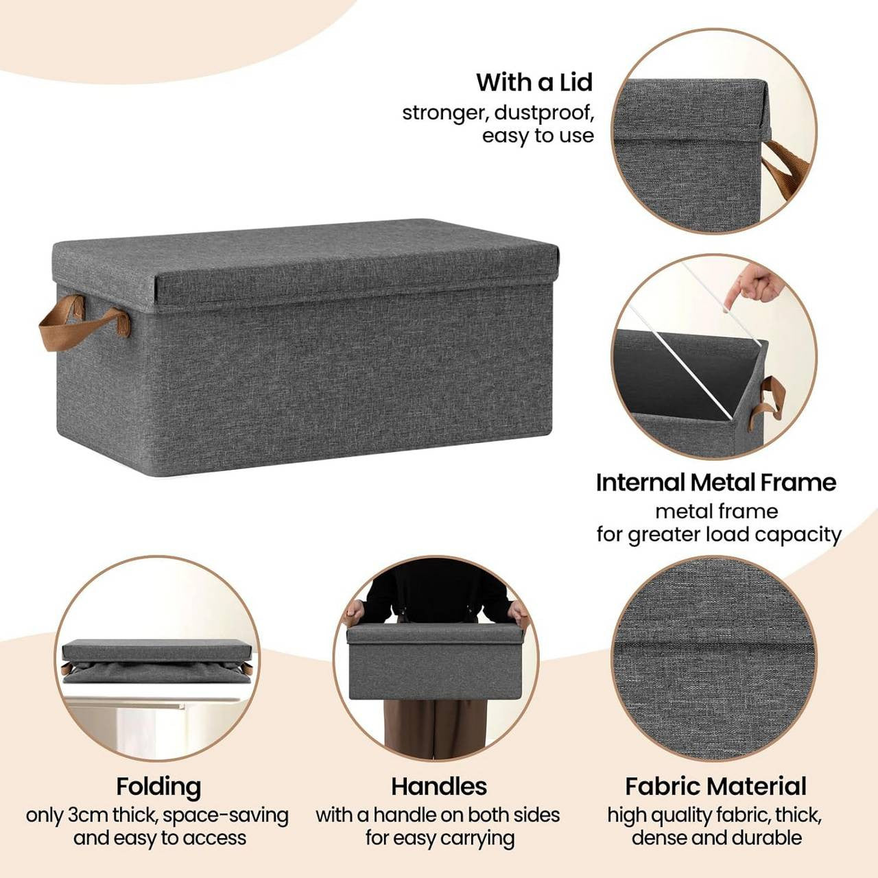 24goodz Set of 10 Storage Boxes with Lid - Versatile and Space-Saving - Polyester - For Home Organization - Grey (48x29x20 cm)