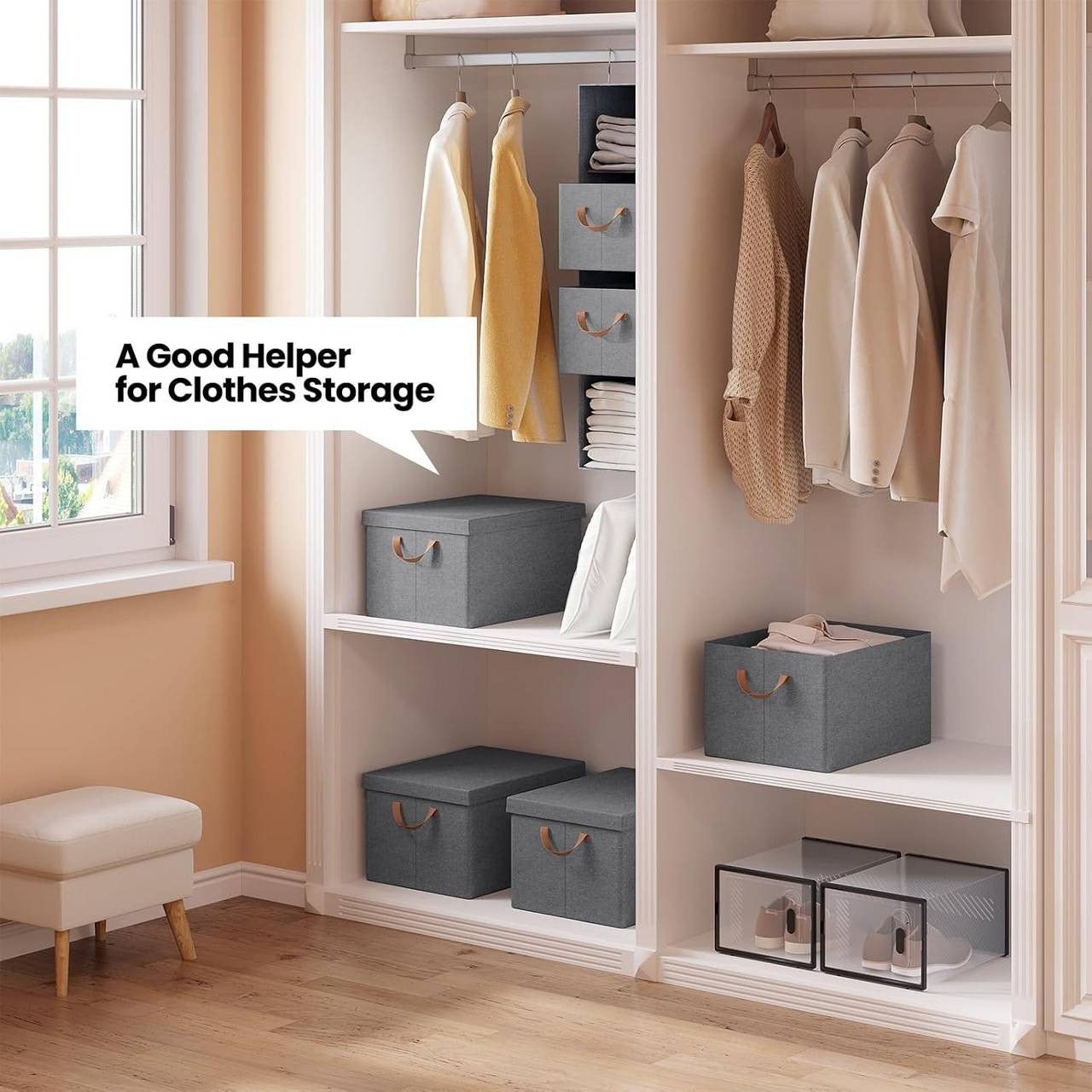 24goodz Set of 10 Storage Boxes with Lids - Versatile and Space-Saving - Polyester and Metal - For Home Organization - Grey