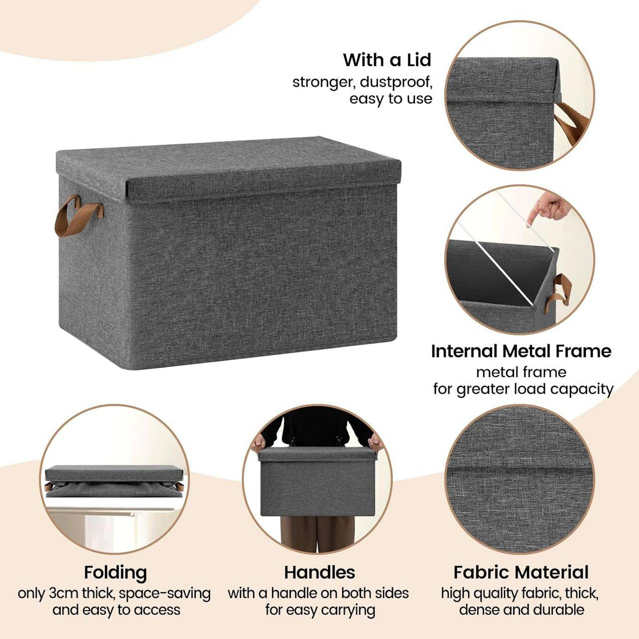 24goodz Set of 10 Storage Boxes with Lids - Versatile and Space-Saving - Polyester and Metal - For Home Organization - Grey