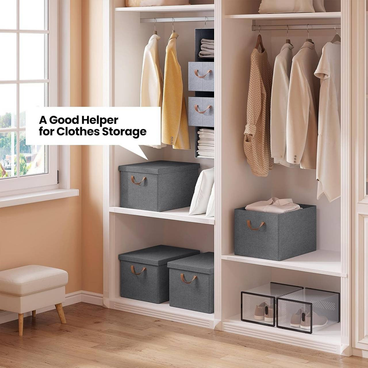 24goodz Set of 10 Storage Boxes with Lids - Versatile and Foldable - Polyester - For Home Organization - Grey