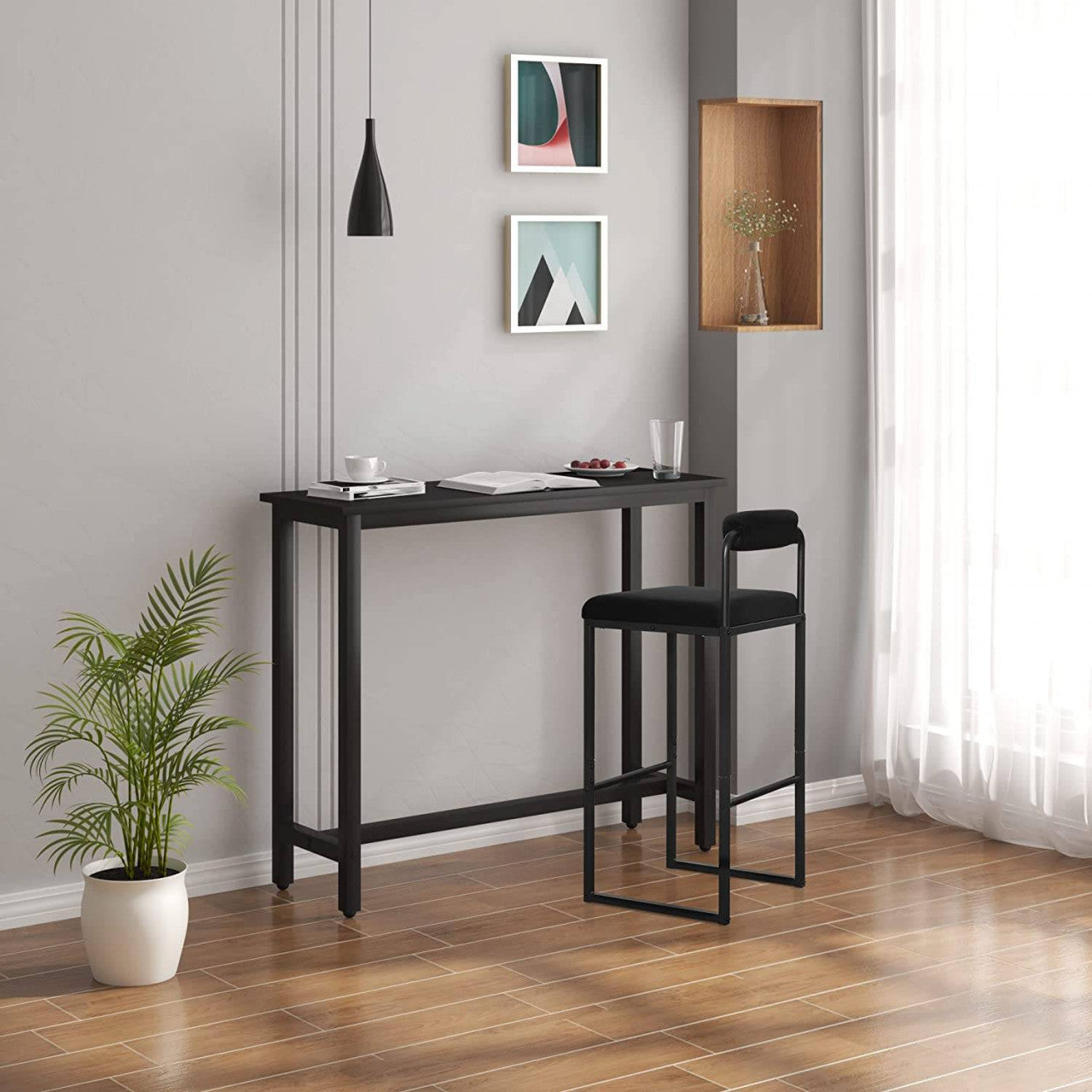 24goodz Velvet Bar Stool with Footrest - Comfortable and Ergonomic Design - Velvet and Metal - For Kitchen and Dining - Black - sz