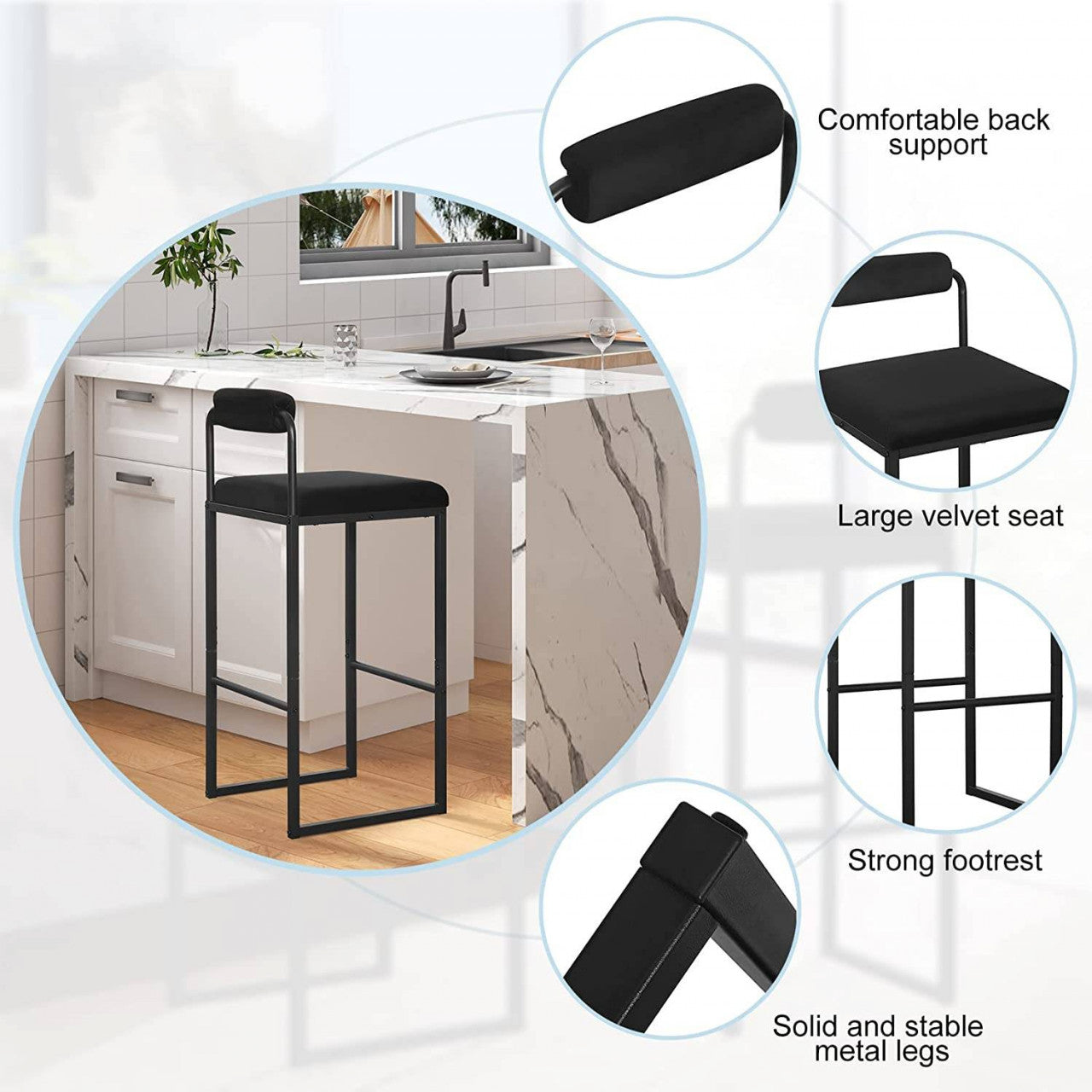 24goodz Velvet Bar Stool with Footrest - Comfortable and Ergonomic Design - Velvet and Metal - For Kitchen and Dining - Black - sz