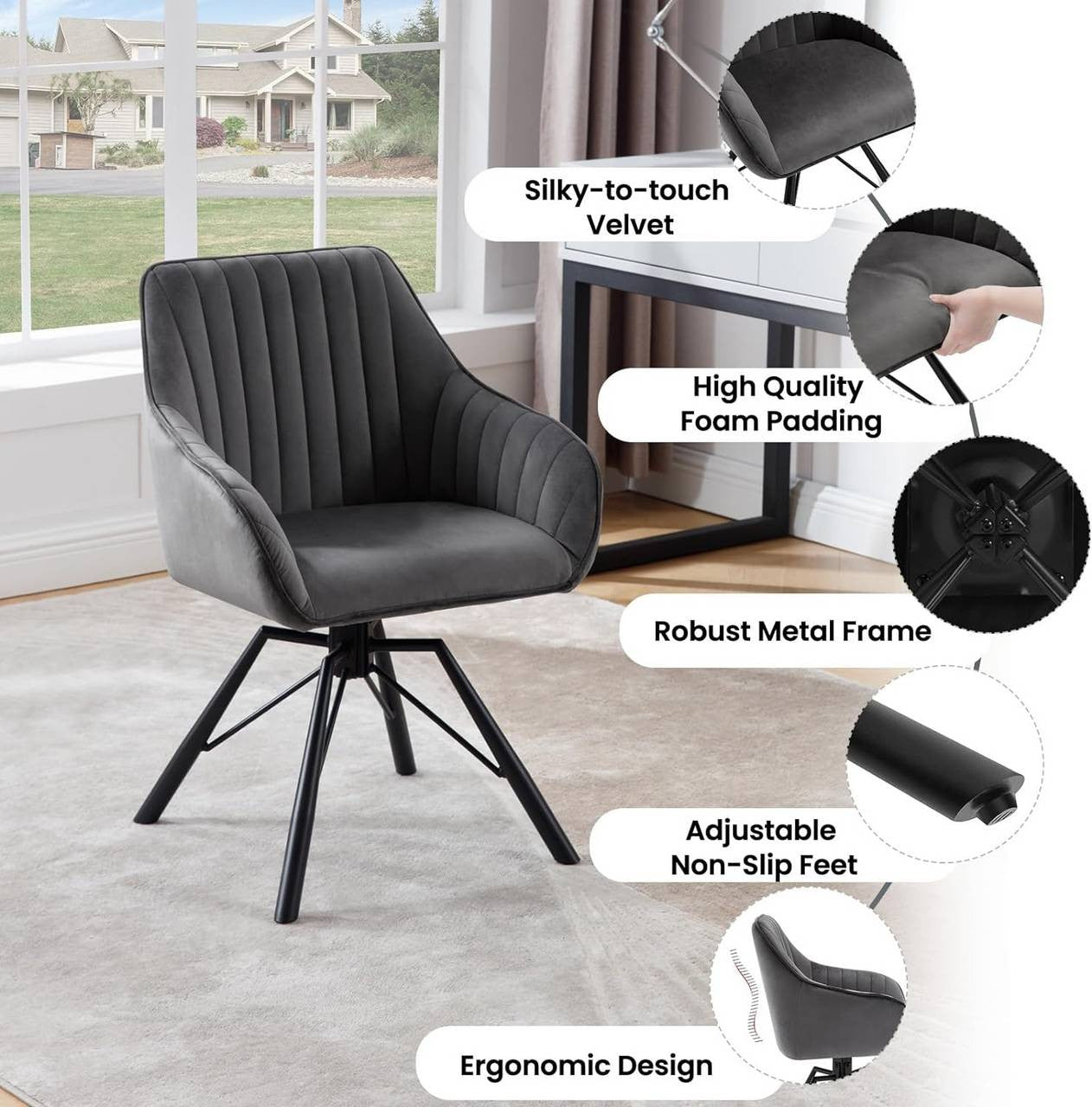 24goodz Swivel Dining Chairs Set of 2 - 360-Degree Rotatable - Soft Velvet Upholstery - Dark Grey