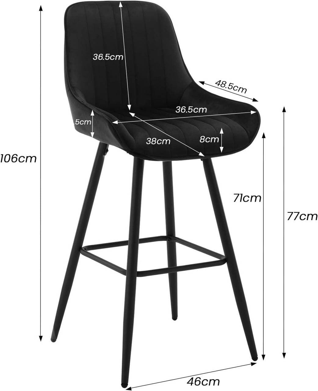 24goodz Velvet Bar Stool - Thick and Comfortable Seating - Ergonomic Design - Metal Frame - Black - 71 cm Height