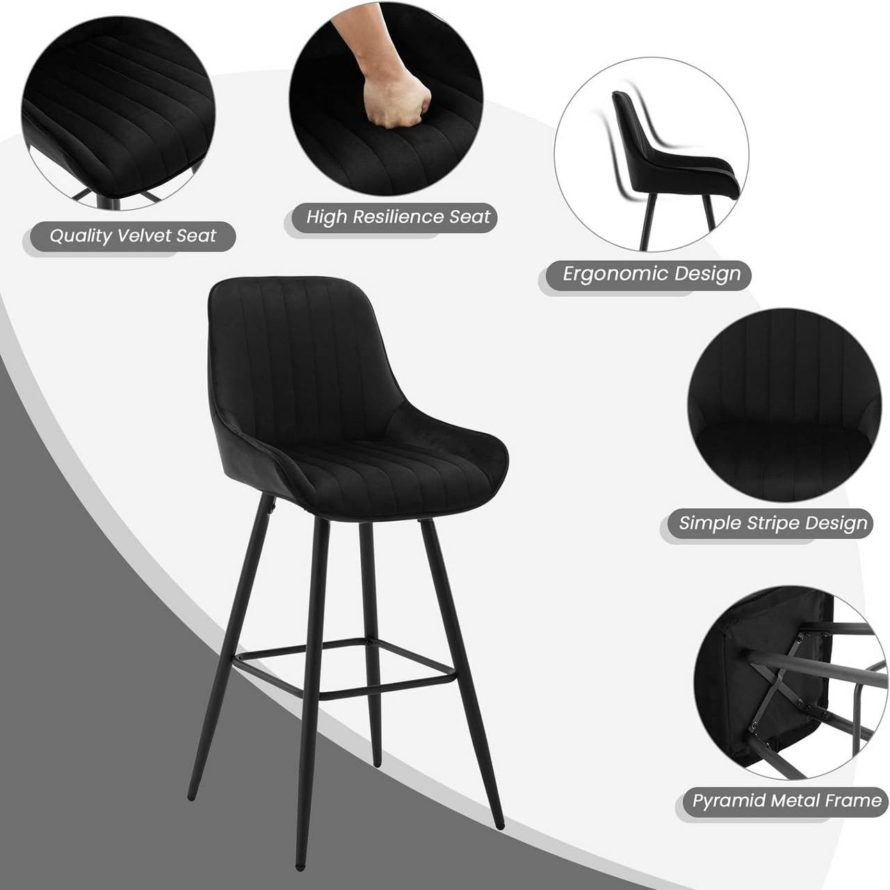 24goodz Velvet Bar Stool - Thick and Comfortable Seating - Ergonomic Design - Metal Frame - Black - 71 cm Height