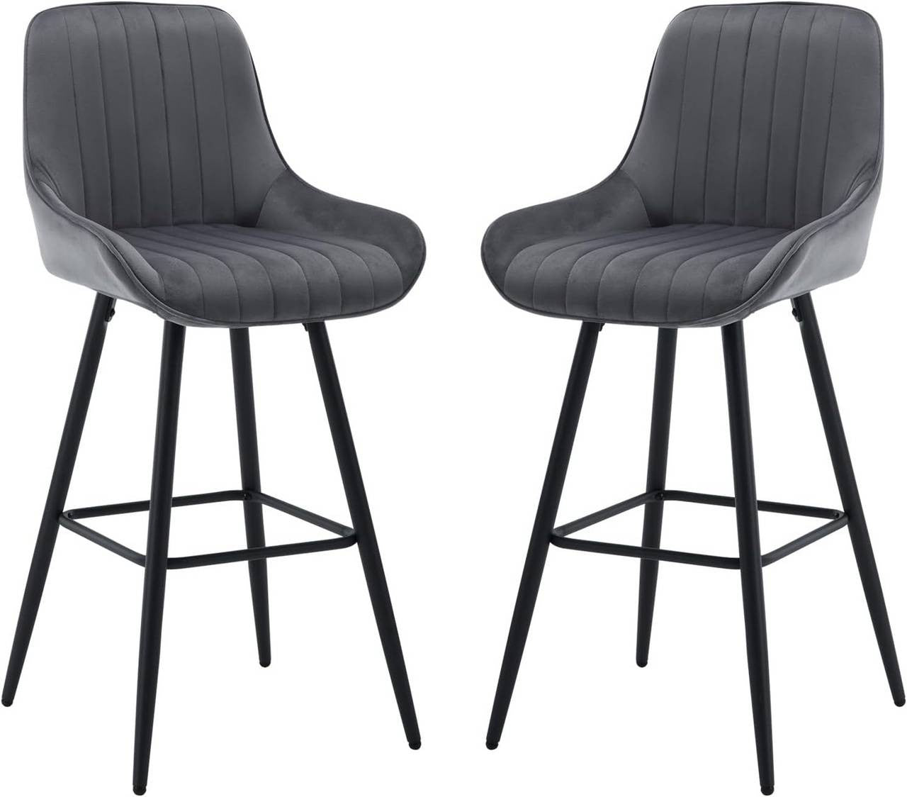 24goodz Velvet Bar Stool - Thick and Comfortable Seating - Ergonomic Design - Velvet + Metal - Dark Grey