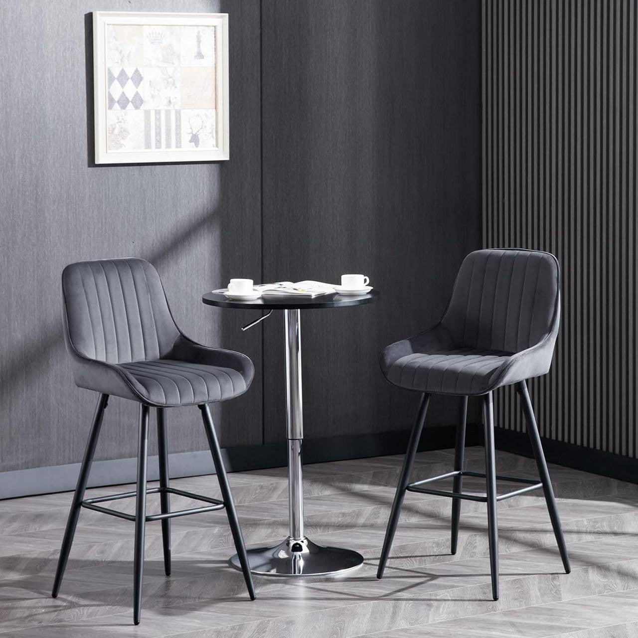 24goodz Velvet Bar Stool - Thick and Comfortable Seating - Ergonomic Design - Metal Frame - Dark Grey