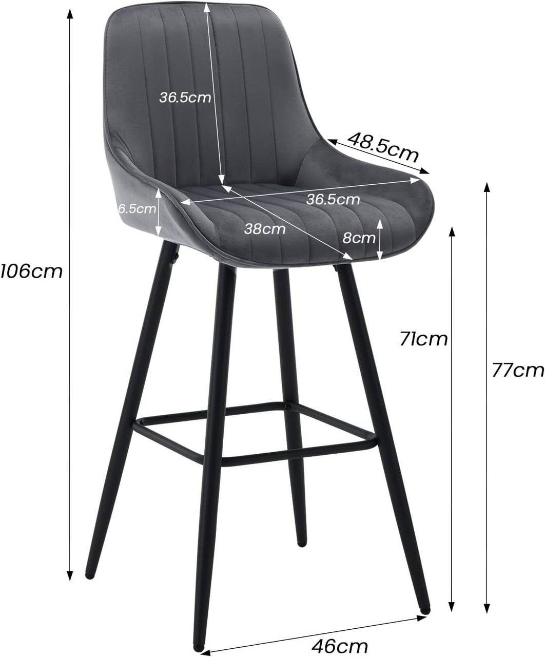 24goodz Velvet Bar Stool - Thick and Comfortable Seating - Ergonomic Design - Velvet + Metal - Dark Grey