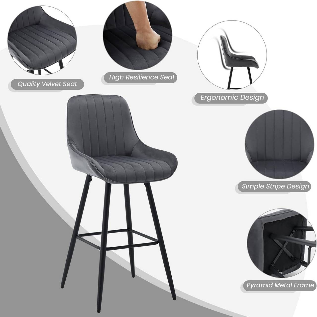24goodz Velvet Bar Stool - Thick and Comfortable Seating - Ergonomic Design - Metal Frame - Dark Grey