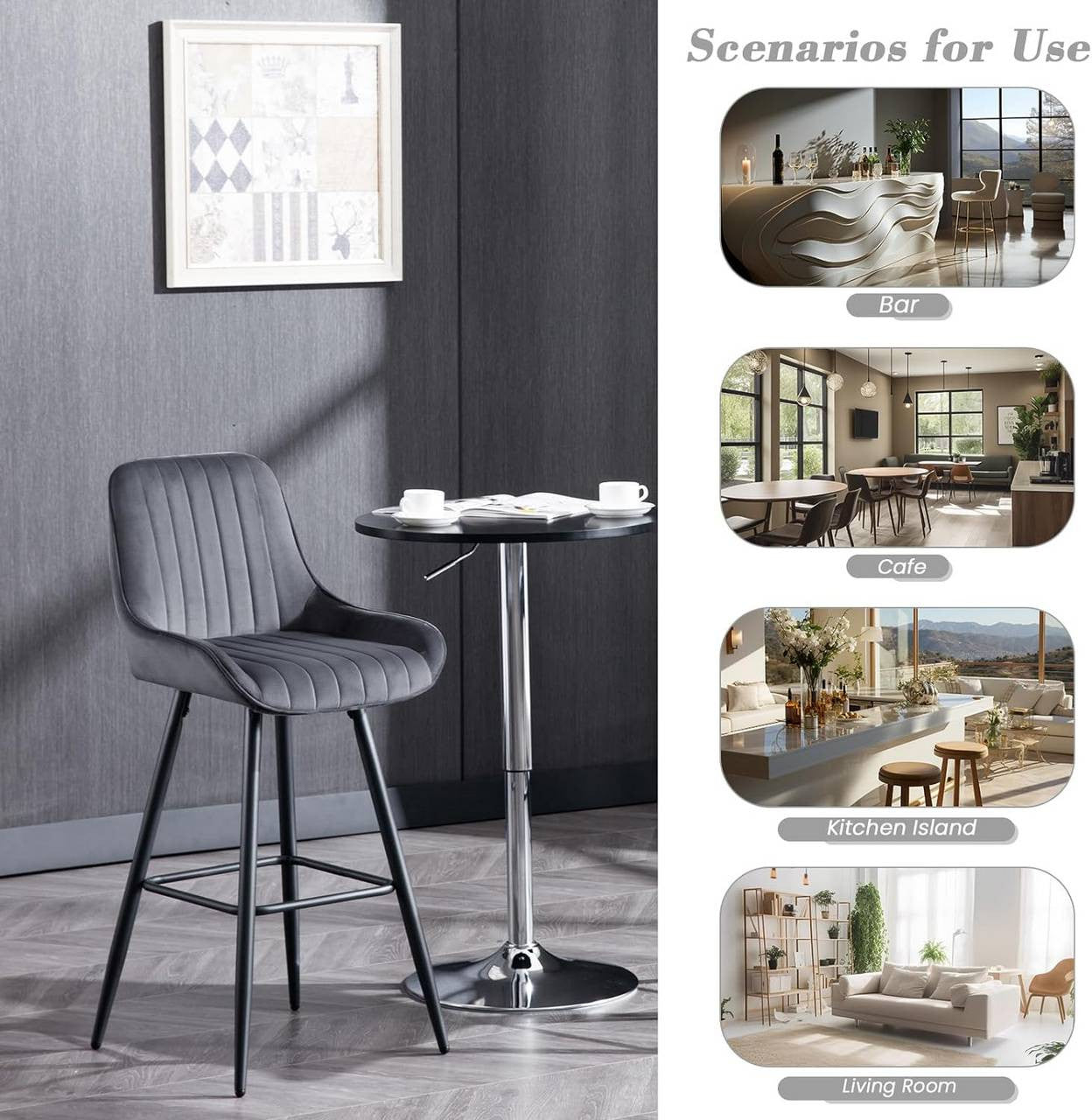 24goodz Velvet Bar Stool - Thick and Comfortable Seating - Ergonomic Design - Velvet + Metal - Dark Grey