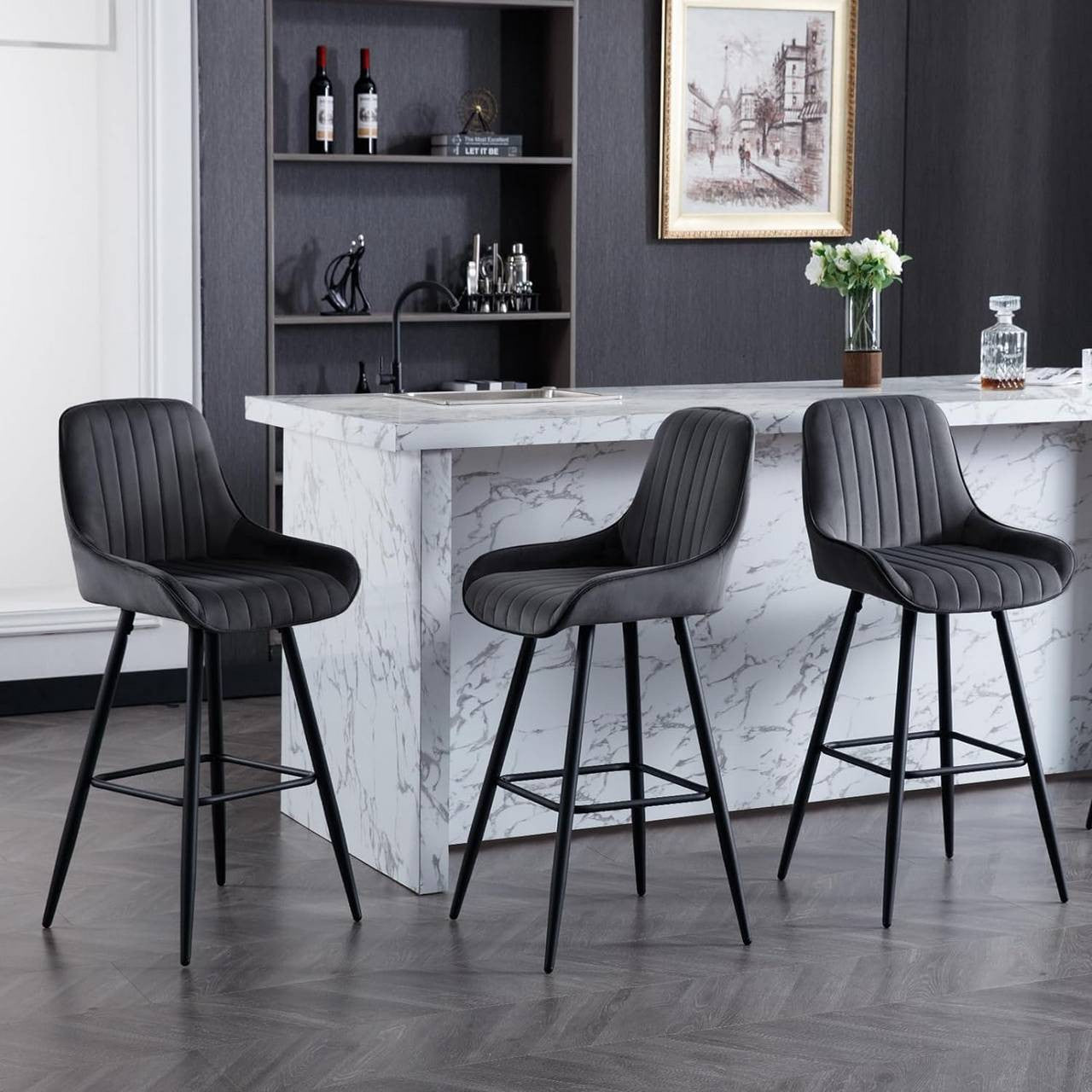24goodz Velvet Bar Stool - Thick and Comfortable Seating - Ergonomic Design - Velvet + Metal - Dark Grey