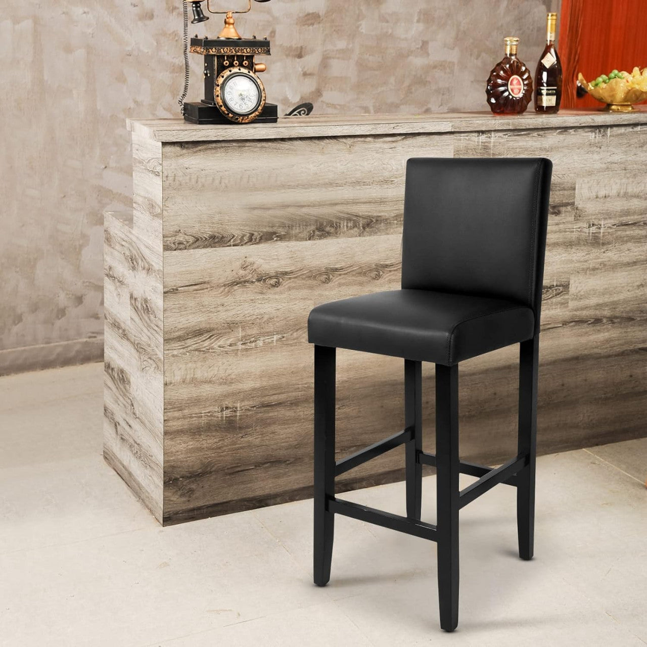 24goodz Set of 2 Bar Stools with Backrest - Ergonomic Comfort - Sturdy Structure - Faux Leather - Black/Gray - sz