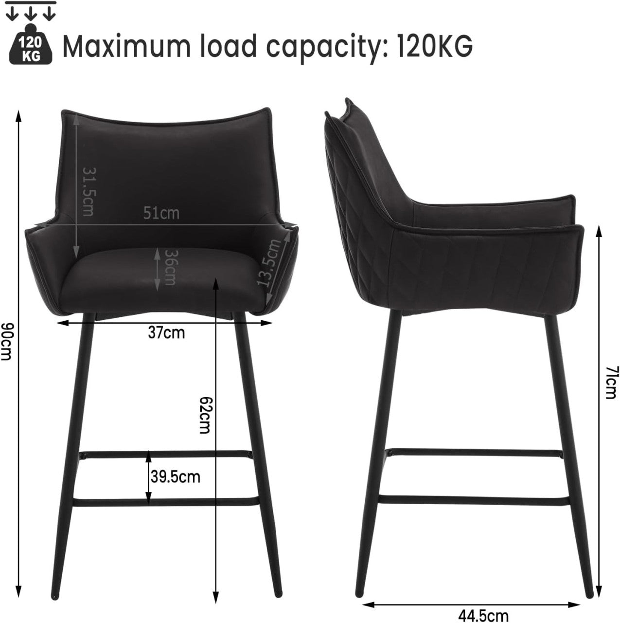 24goodz Vintage Bar Stool with Backrest - Ergonomic Comfort - Sturdy Metal Frame - Vintage Faux Leather - For Home & Kitchen - Anthracite