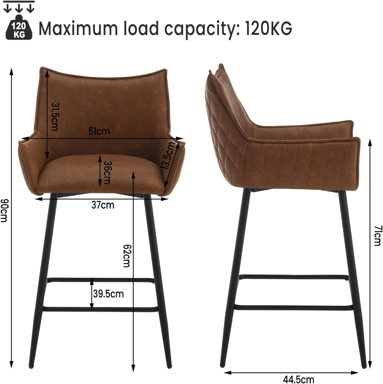 24goodz Vintage Bar Stool with Backrest - Comfortable Ergonomic Design - Vintage Faux Leather - For Home Bars and Kitchens - Dark Brown