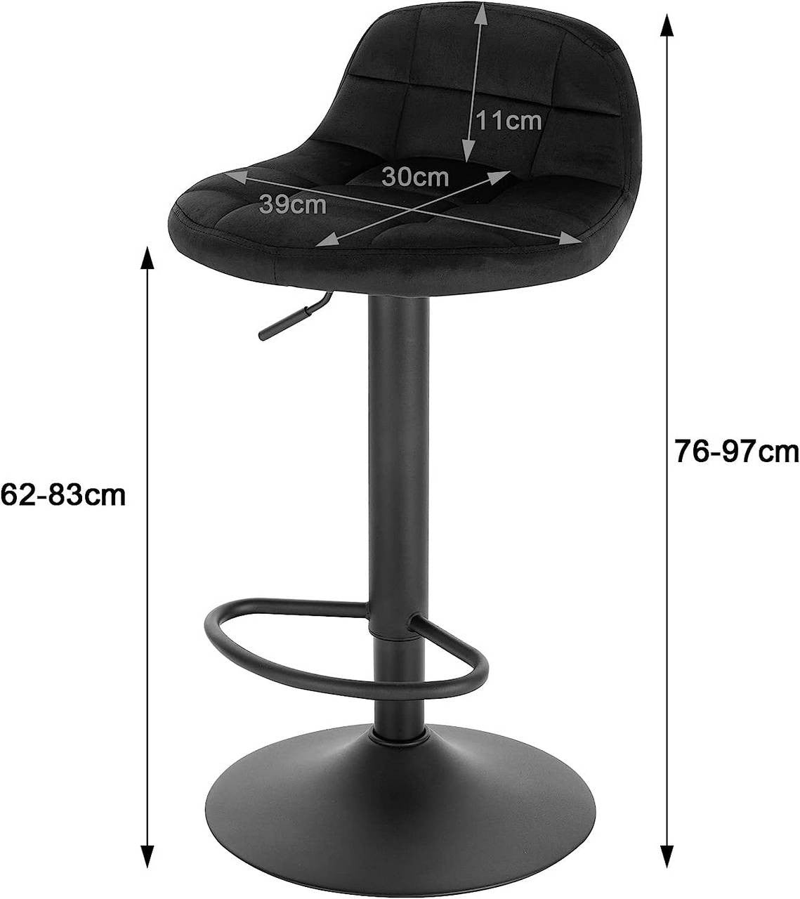 24goodz Velvet Bar Stool with Backrest and Footrest - Comfortable Seating - Adjustable Height and 360° Swivel - Velvet and Metal - Dark Grey/Black/Dark Green - sz