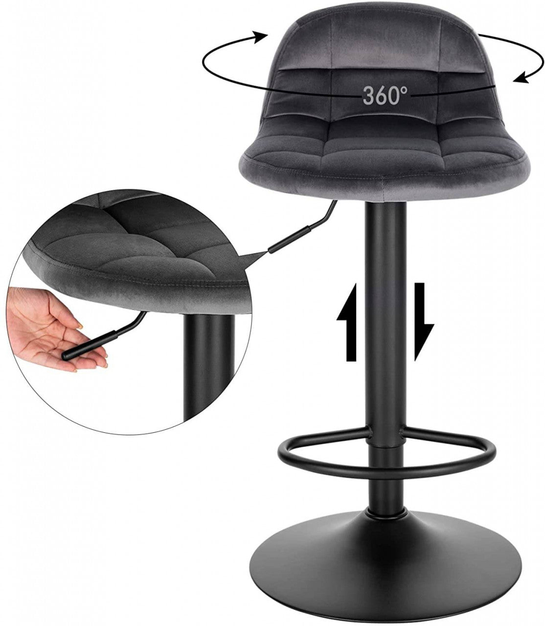 24goodz Velvet Bar Stool with Backrest and Footrest - Comfortable Seating Experience - Height Adjustable and 360° Swivel - Velvet + Metal - Dark Grey - dgr