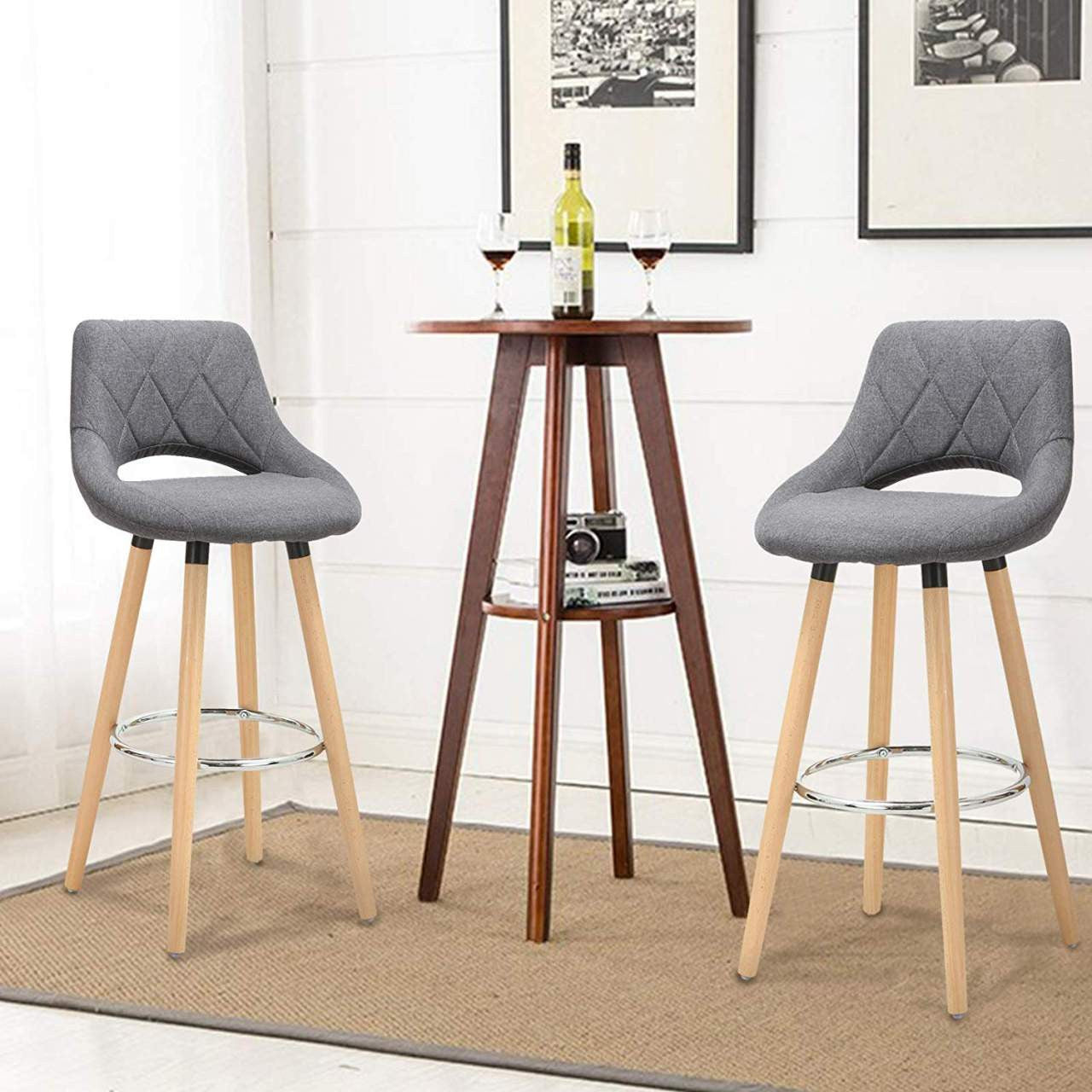 24goodz Bar Stool with Backrest and Footrest - Comfortable and Ergonomic - Linen and Solid Wood - For Home and Commercial Use - Dark Grey - dgr