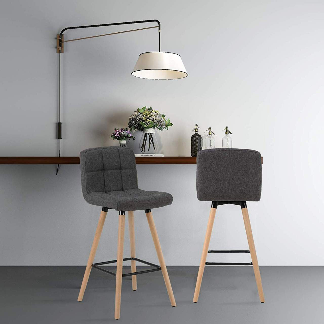 24goodz Set of 2 Bar Stools with Backrest and Footrest - Ergonomic Design - Solid Wood and Linen - Dark Grey - dgr