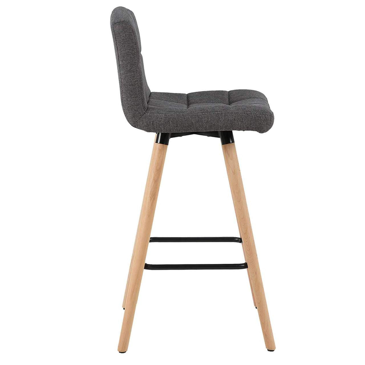 24goodz Set of 2 Bar Stools with Backrest and Footrest - Ergonomic Design - Solid Wood and Linen - Dark Grey - dgr
