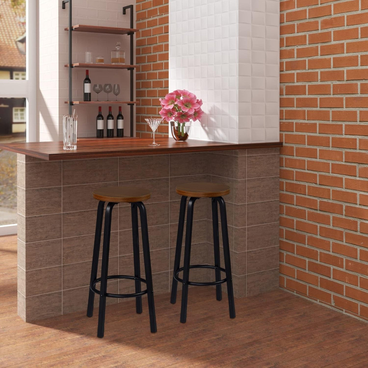 24goodz Set of 2 Bistro Bar Stools - Stylish and Versatile - MDF and Metal - For Home and Commercial Use - Dark Beech - dc