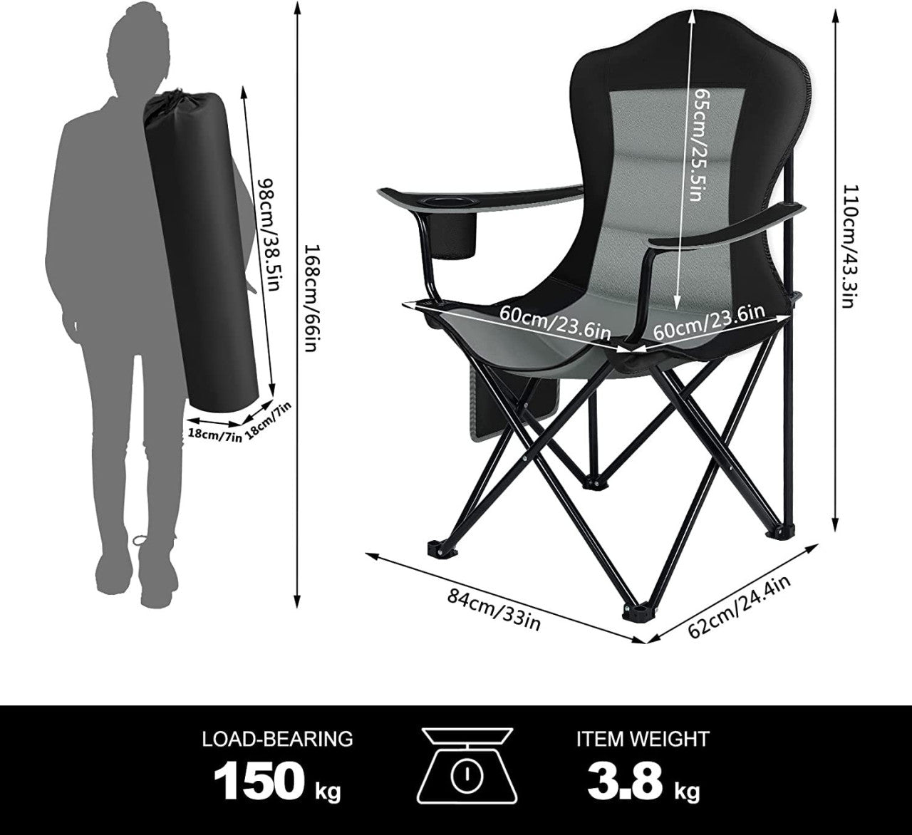 24goodz Lightweight Folding Camping Chair - Portable Design - High-Quality 600D Oxford Fabric - For Outdoor Enthusiasts - Black + Dark Grey - szdg
