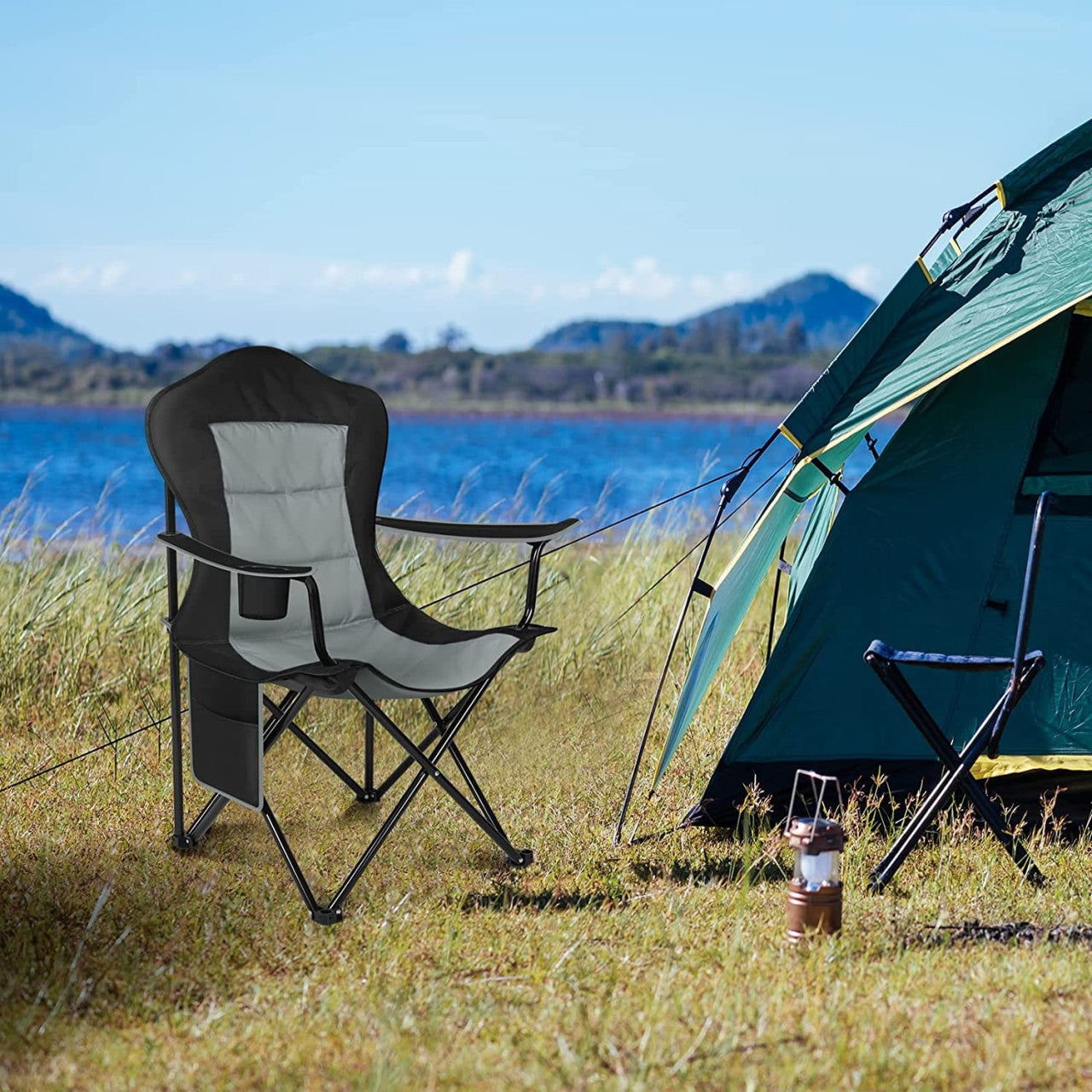 24goodz Lightweight Folding Camping Chair - Portable Design - High-Quality 600D Oxford Fabric - For Outdoor Enthusiasts - Black + Dark Grey - szdg