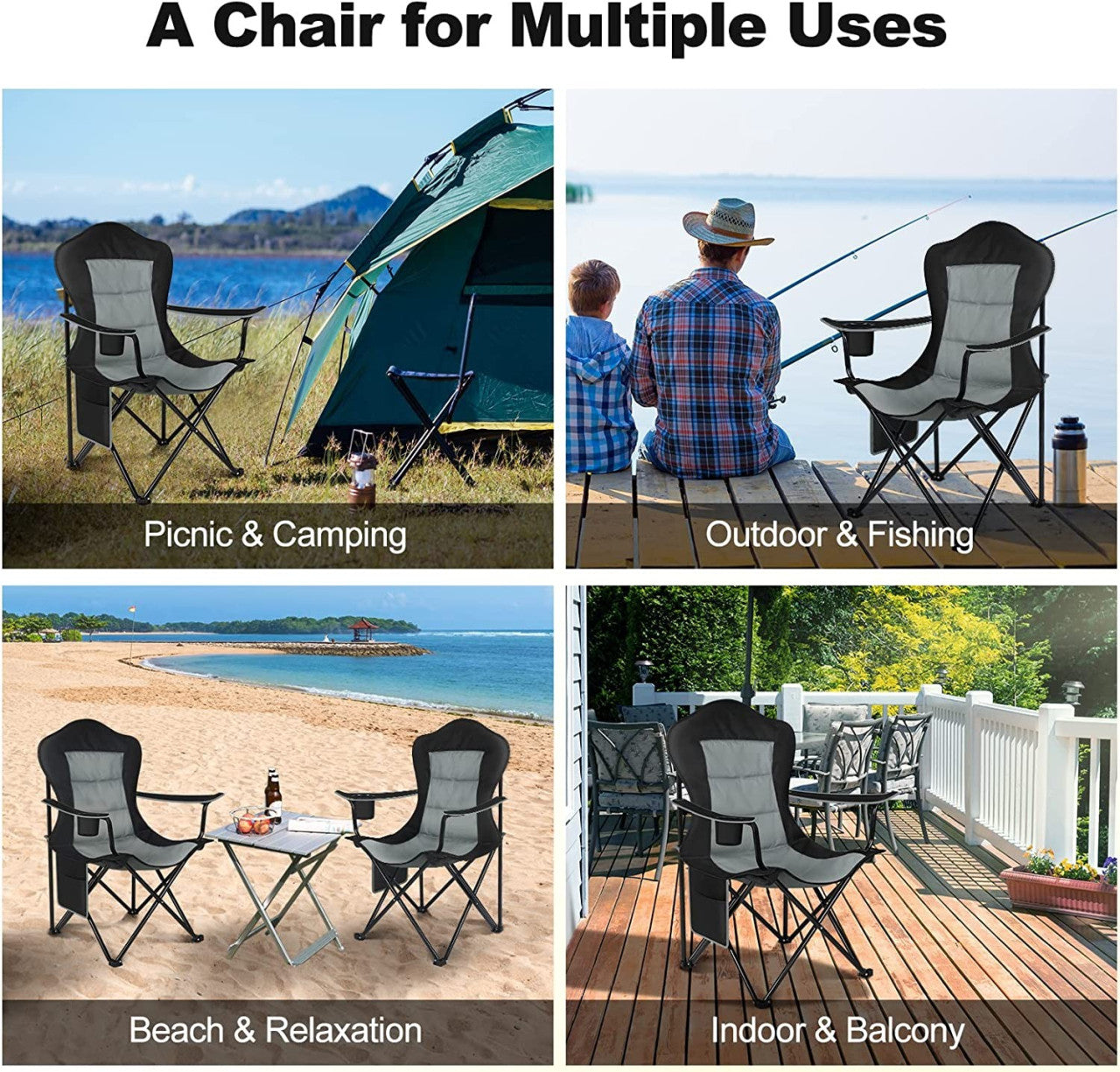 24goodz Lightweight Folding Camping Chair - Portable Design - High-Quality 600D Oxford Fabric - For Outdoor Enthusiasts - Black + Dark Grey - szdg