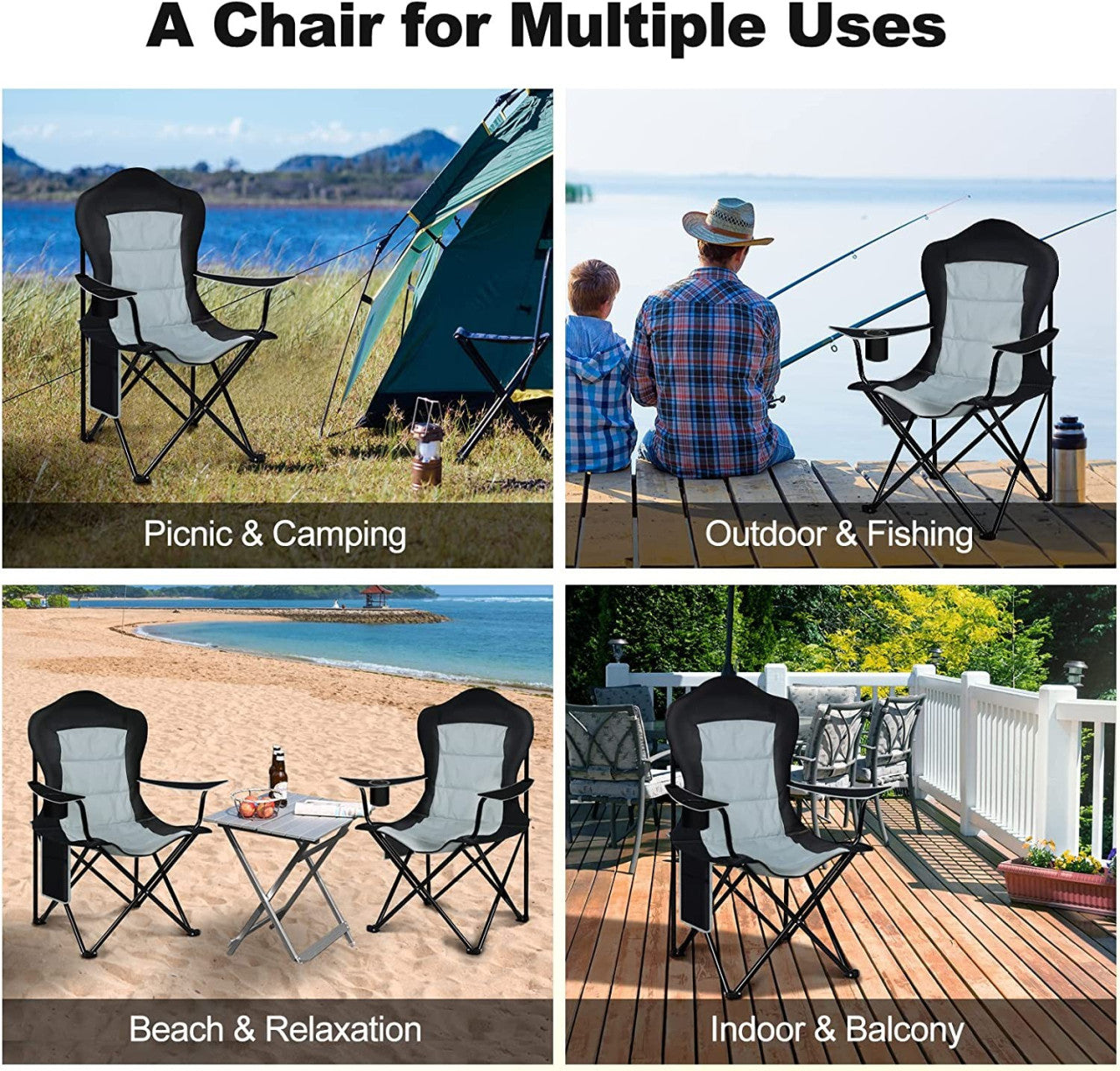 24goodz Lightweight Folding Camping Chair - Portable and Space-Saving - 600D Oxford Fabric - For Outdoor Enthusiasts - Black + Light Grey - szhg