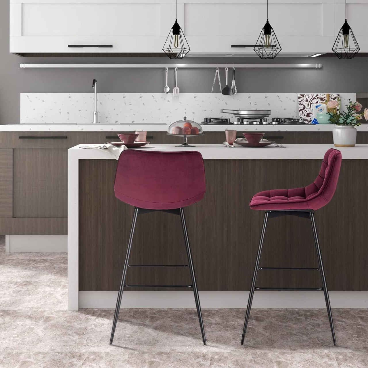 24goodz Velvet Bar Stool Set - Comfortable & Ergonomic - Sturdy & Robust - Velvet + Metal - Bordeaux - Set of 2 - bd