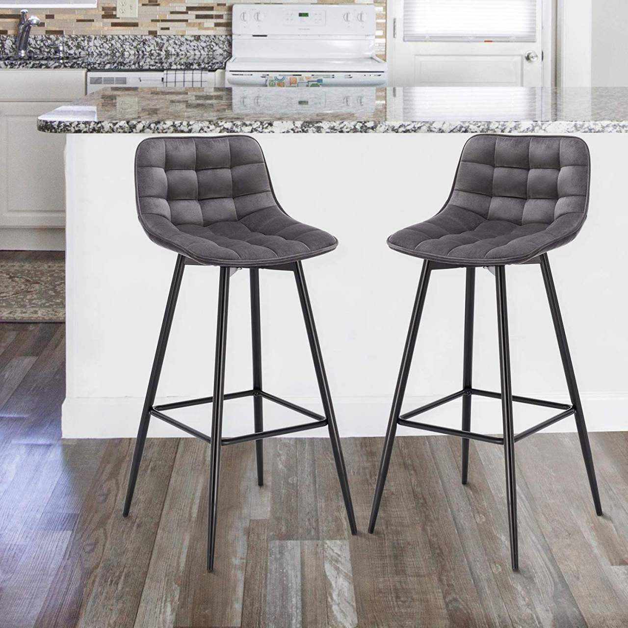 24goodz Velvet Bar Stool - Comfortable & Ergonomic - Sturdy and Robust - Velvet + Metal - Dark Grey - dgr