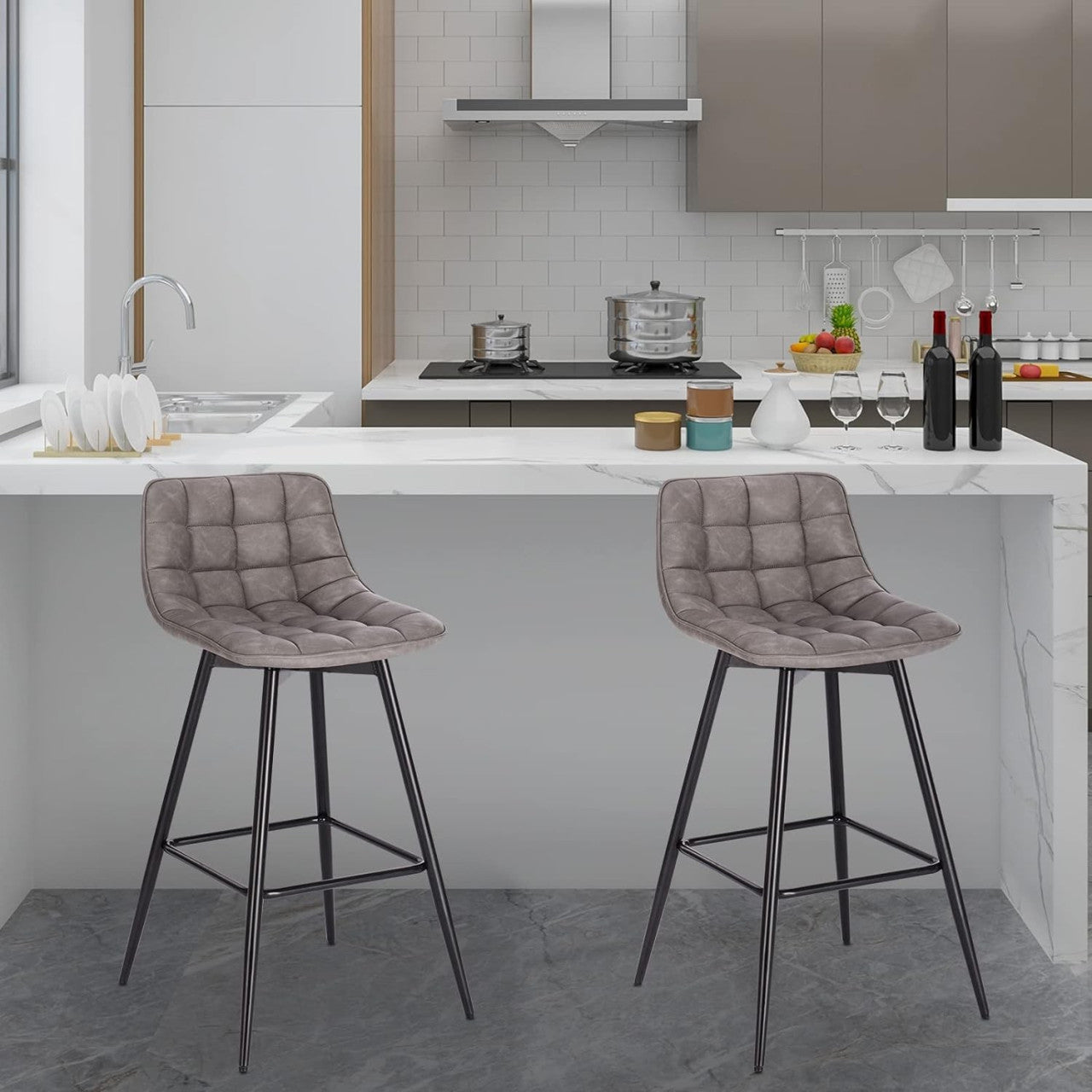 24goodz Bar Stool with Footrest - Comfortable & Ergonomic - Stable & Robust - Faux Leather - Dark Grey - dgr