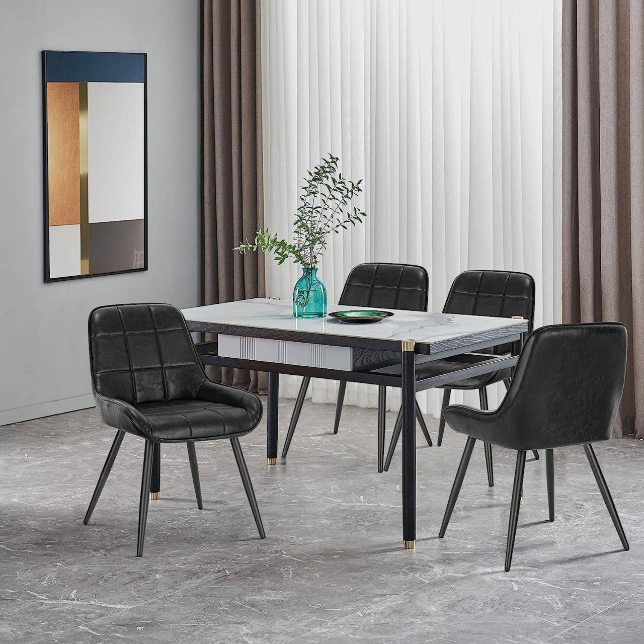24goodz Set of 4 Dining Chairs - Ergonomic Comfort - Sturdy Metal and Faux Leather - For Home and Office - Black - sz