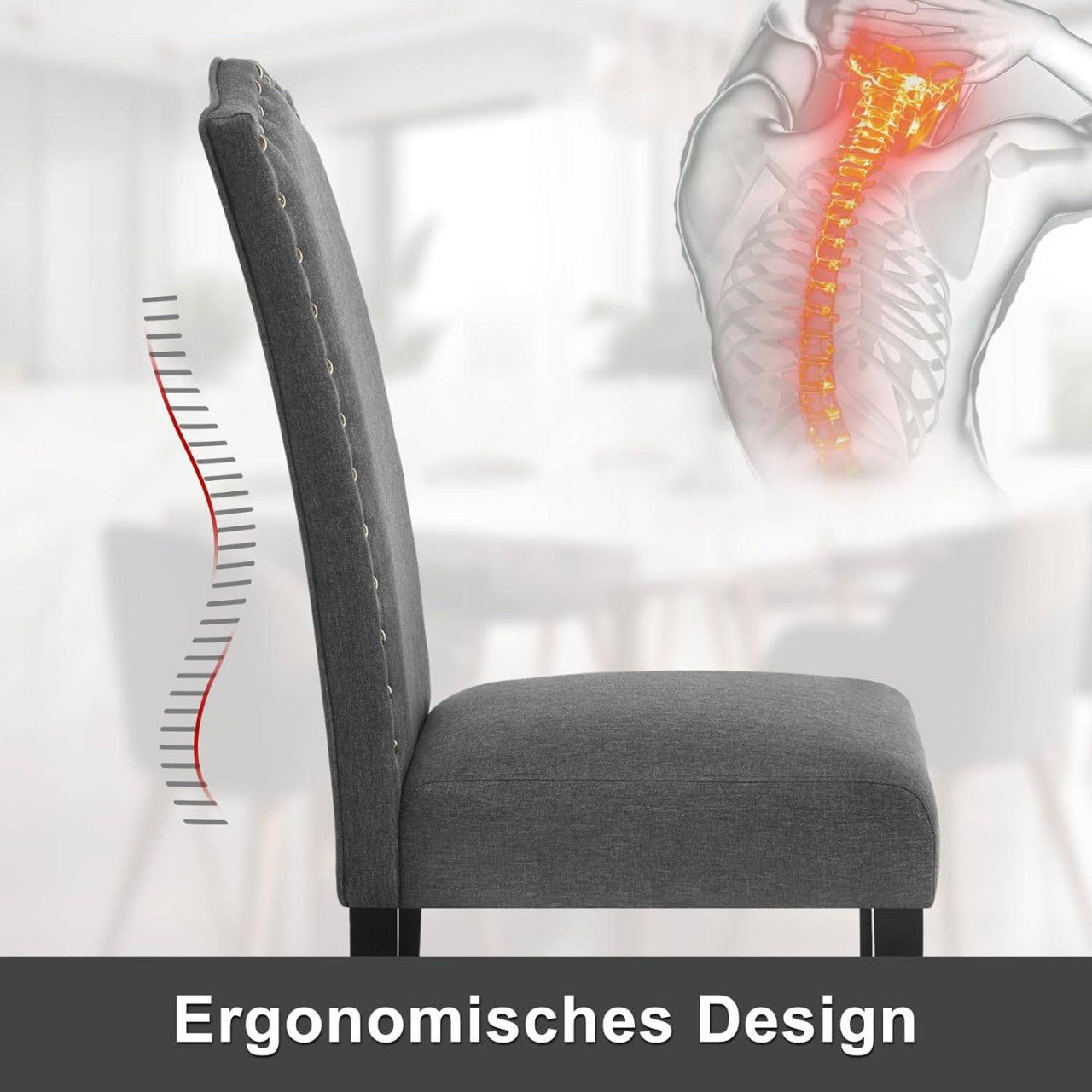 24goodz Ergonomic Dining Chairs - Comfortable High Back Support - Solid Wood Frame - For Home & Dining - Dark Grey