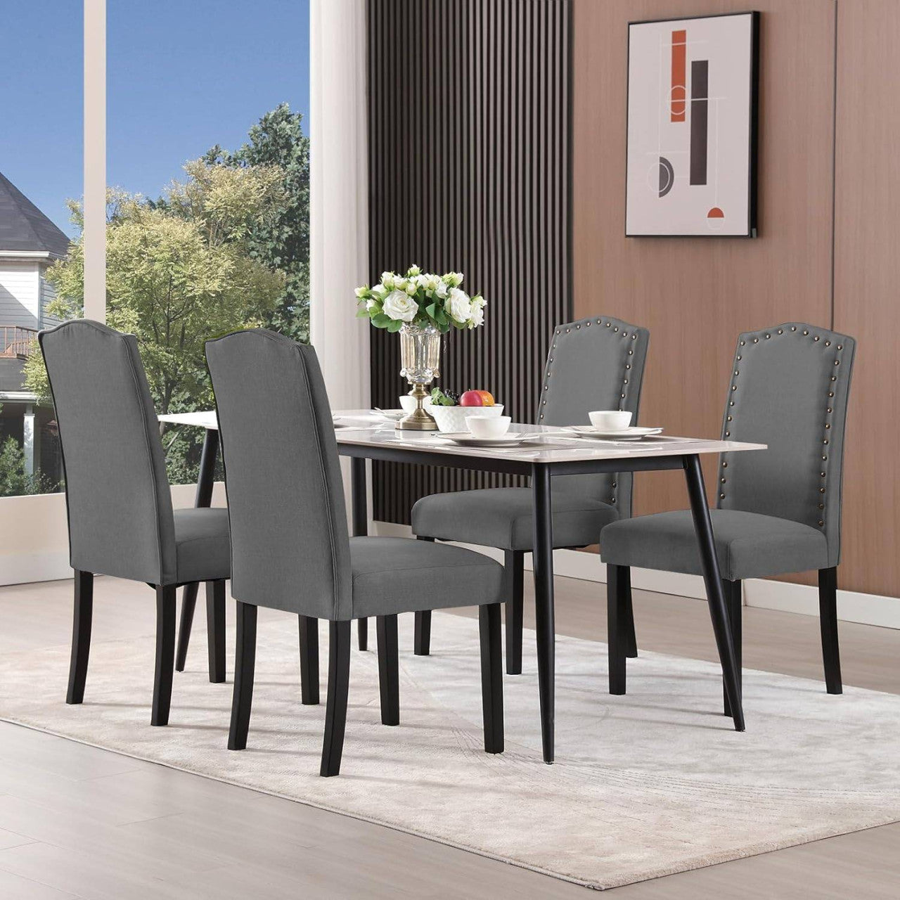 24goodz High Back Dining Chairs - Comfortable Ergonomic Design - Sturdy Solid Wood Frame - Dark Grey - Set of 2