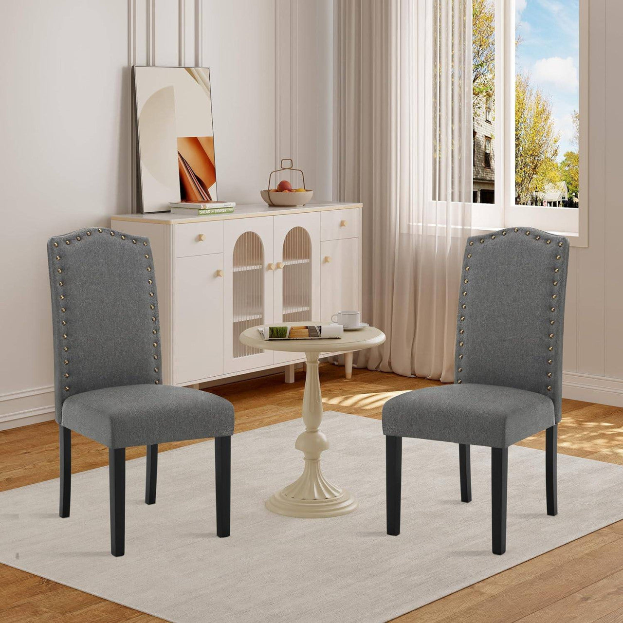 24goodz High Back Dining Chairs - Comfortable Ergonomic Design - Sturdy Solid Wood Frame - Dark Grey - Set of 2