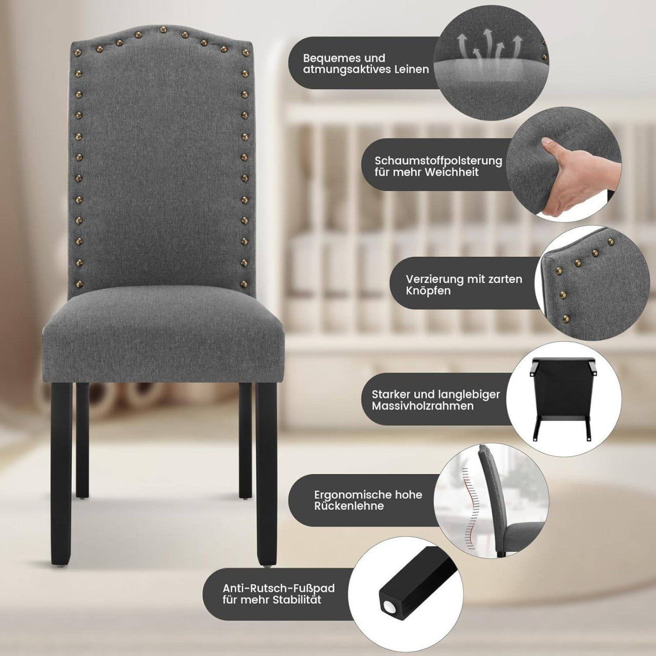 24goodz Ergonomic Dining Chairs - Comfortable High Back Design - Solid Wood Frame - For Home & Dining - Dark Grey