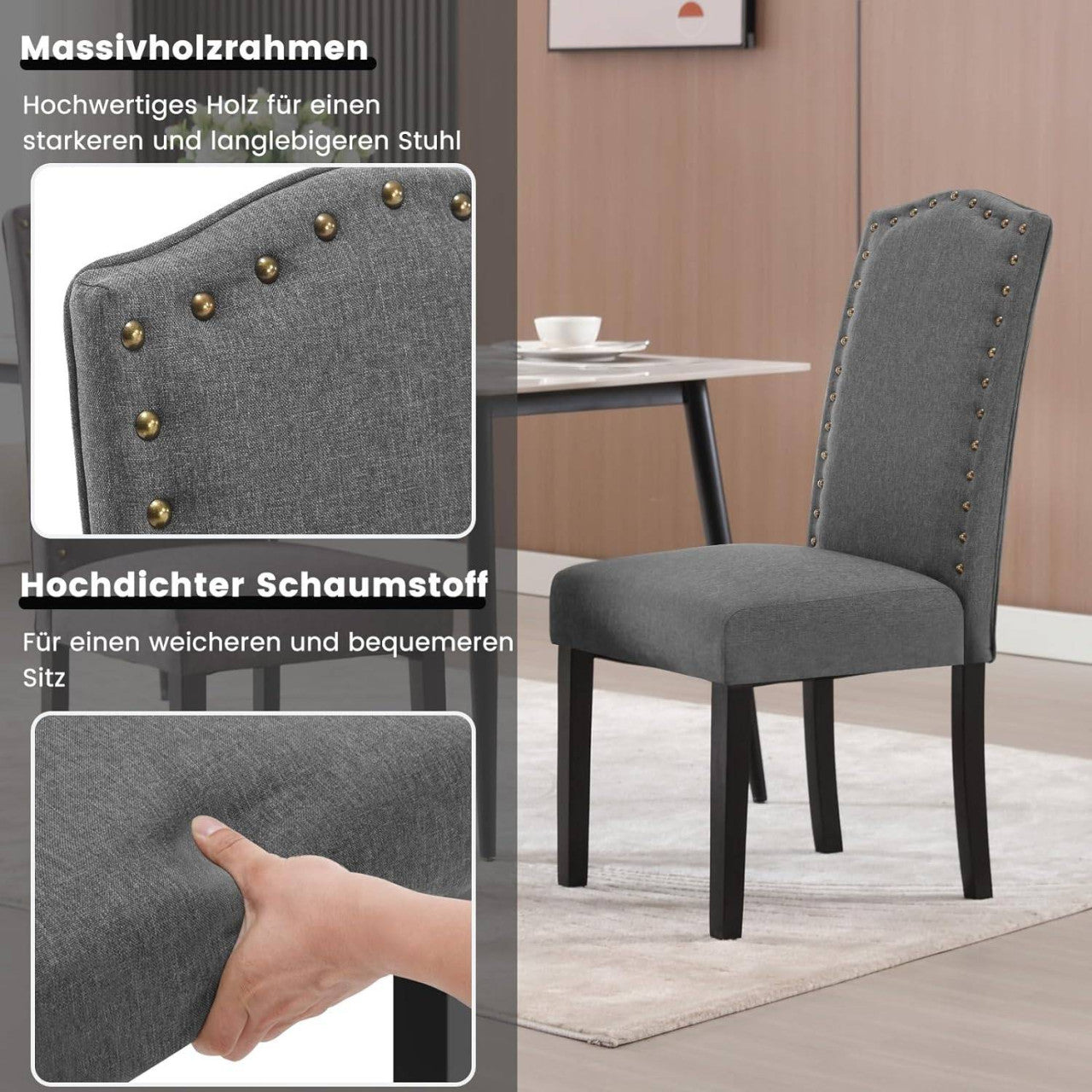 24goodz Ergonomic Dining Chairs - Comfortable High Back Design - Solid Wood Frame - For Home & Dining - Dark Grey