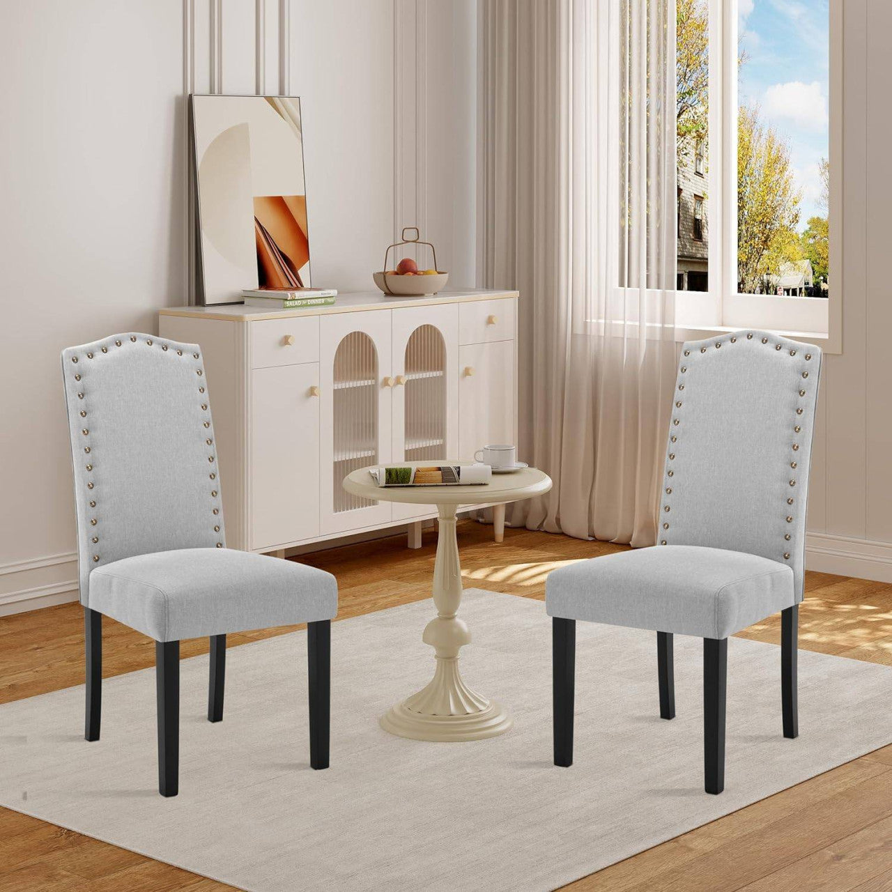 24goodz High Back Dining Chairs - Ergonomic Comfort - Durable Solid Wood Frame - Linen - For Every Room - Light Grey