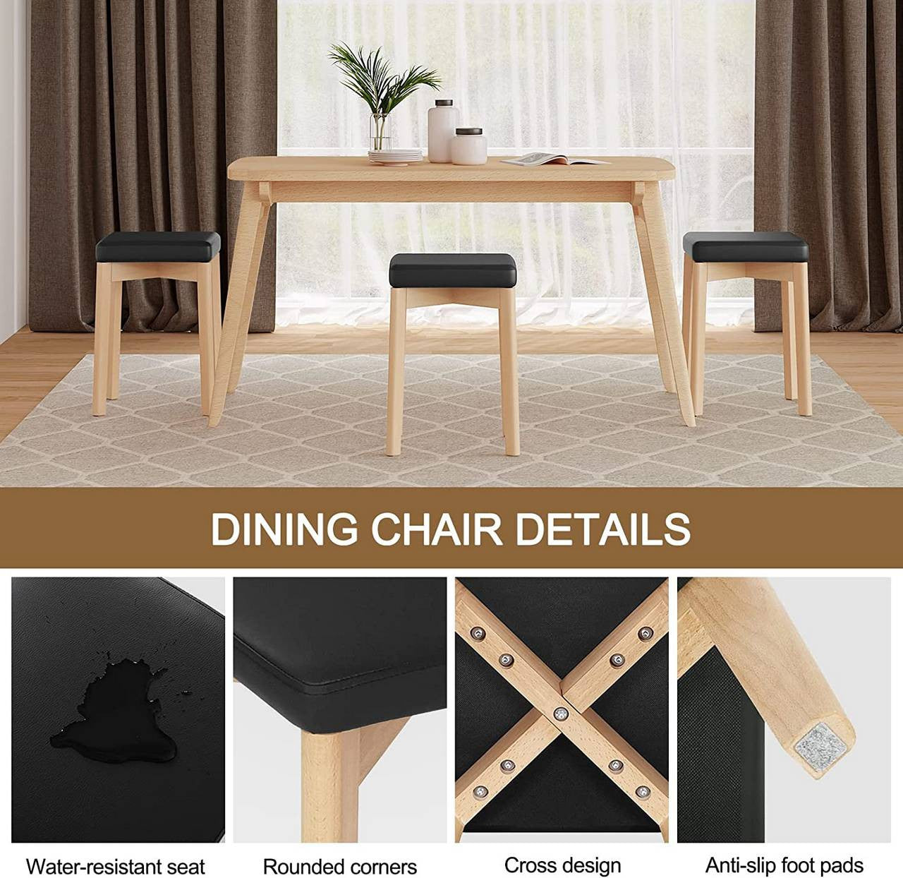 24goodz Solid Wood Dining Chair Set - Sturdy and Stable Design - Beech Wood and PU - For Home Use - Wood Grain Black - sz