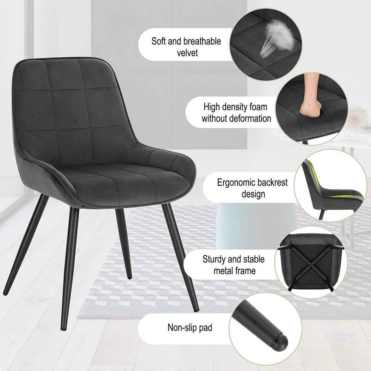 24goodz Velvet Dining Chairs Set of 2 - Ergonomic Comfort - Robust Metal and Wood Structure - Dark Grey - dgr