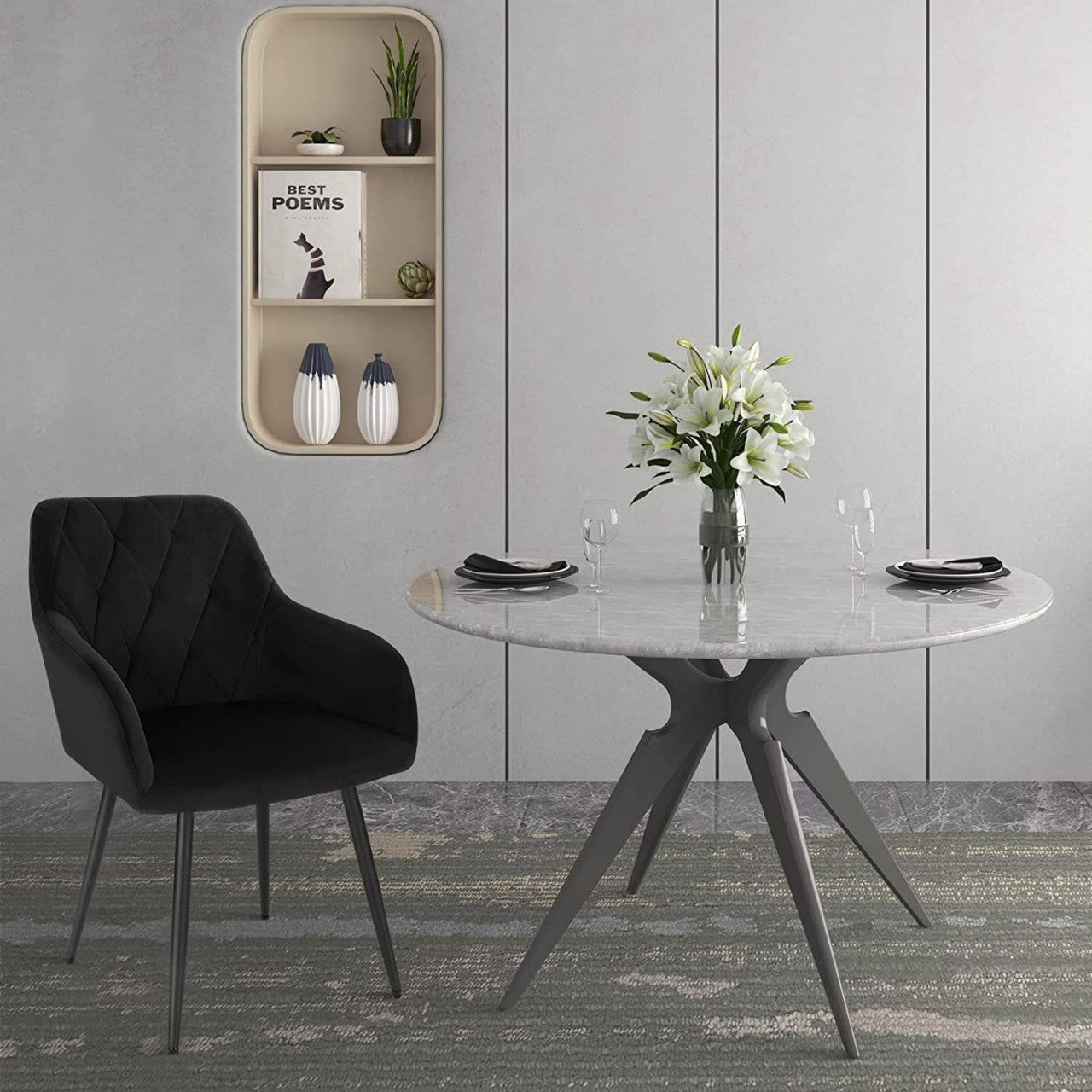 24goodz Velvet Dining Chairs with Armrests - Ergonomic Comfort - Sturdy Metal Legs - Black - Set of 2 - sz