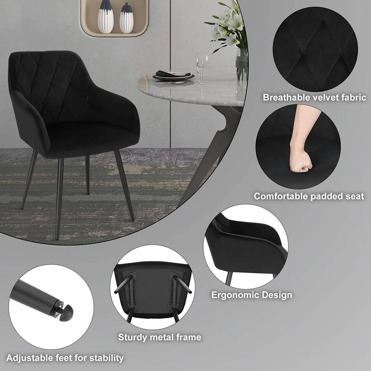 24goodz Velvet Dining Chairs with Armrests - Ergonomic Comfort - Sturdy Metal Legs - Black - Set of 2 - sz