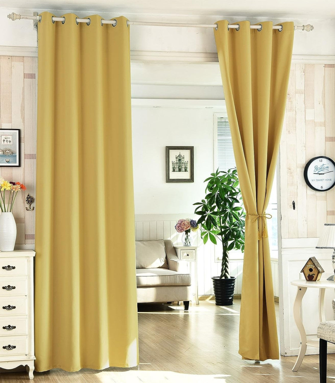 24goodz Set of 2 Eyelet Curtains - Lightweight and Soft - Energy-saving and Soundproof - 100% Polyester - Yellow - 135x225 cm - gb