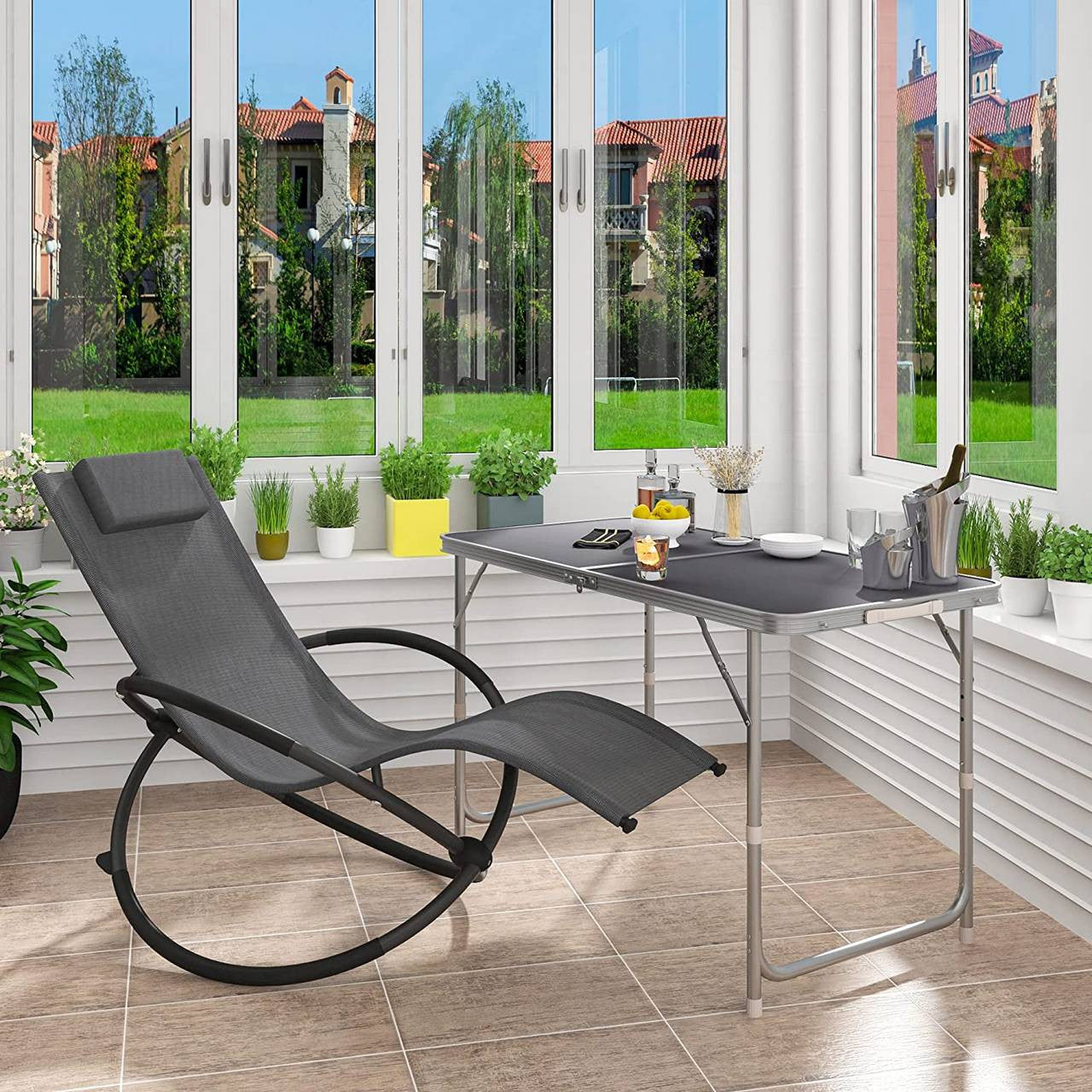 24goodz Set of 2 Garden Loungers - Rocking Comfort - Foldable - Textilene Fabric - For Outdoor Relaxation - Gray