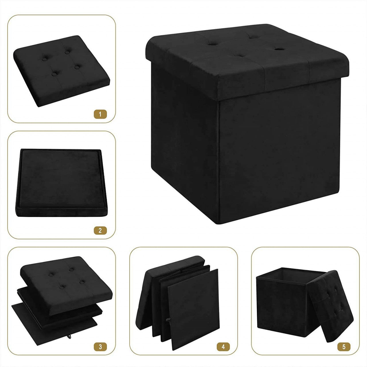 24goodz Set of 2 Ottomans - Stylish Storage Solution - Foldable Design - MDF and Velvet - Black/Gray - 37.5x37.5x38cm - sz