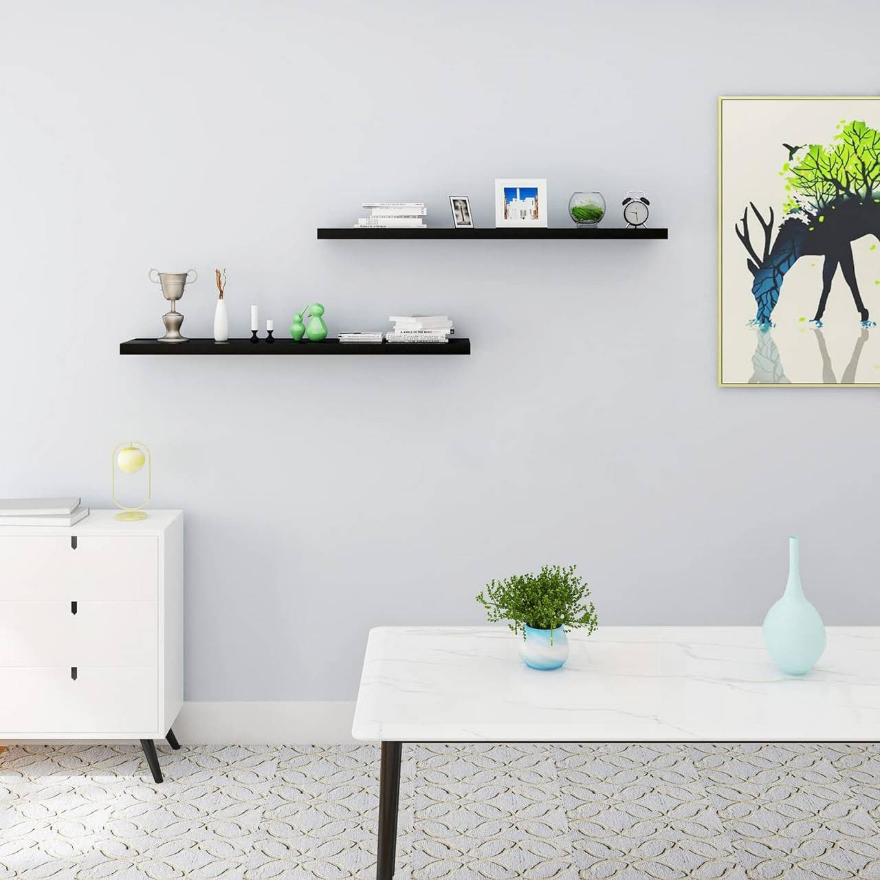 24goodz Floating Wall Shelves Set of 2 - High-Quality MDF - Easy Installation - White - 120x22.9x3.8cm - sz