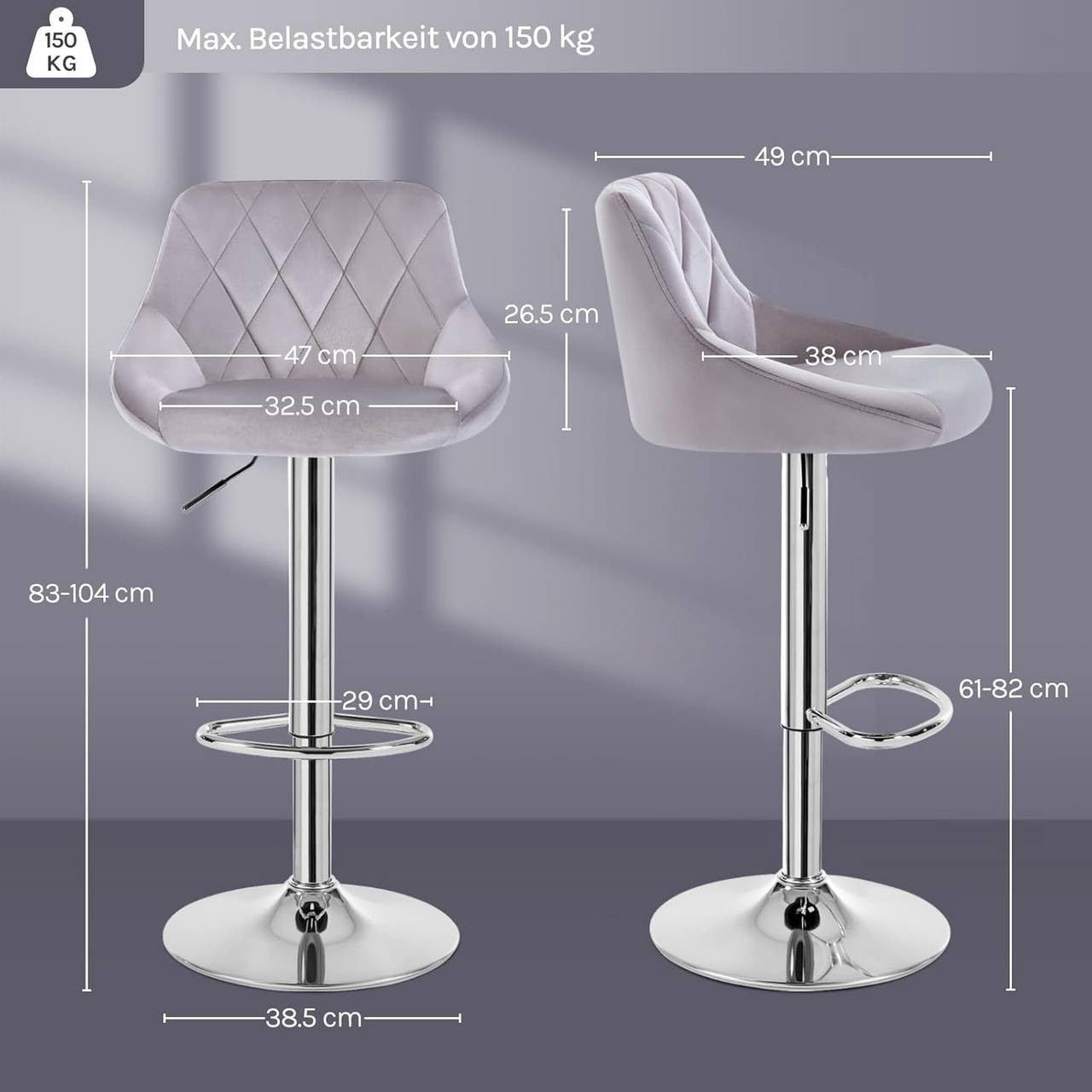 24goodz Set of 2 Bar Stools - Ergonomic Comfort - Adjustable Height - Velvet - For Home & Kitchen - Light Grey - hgr
