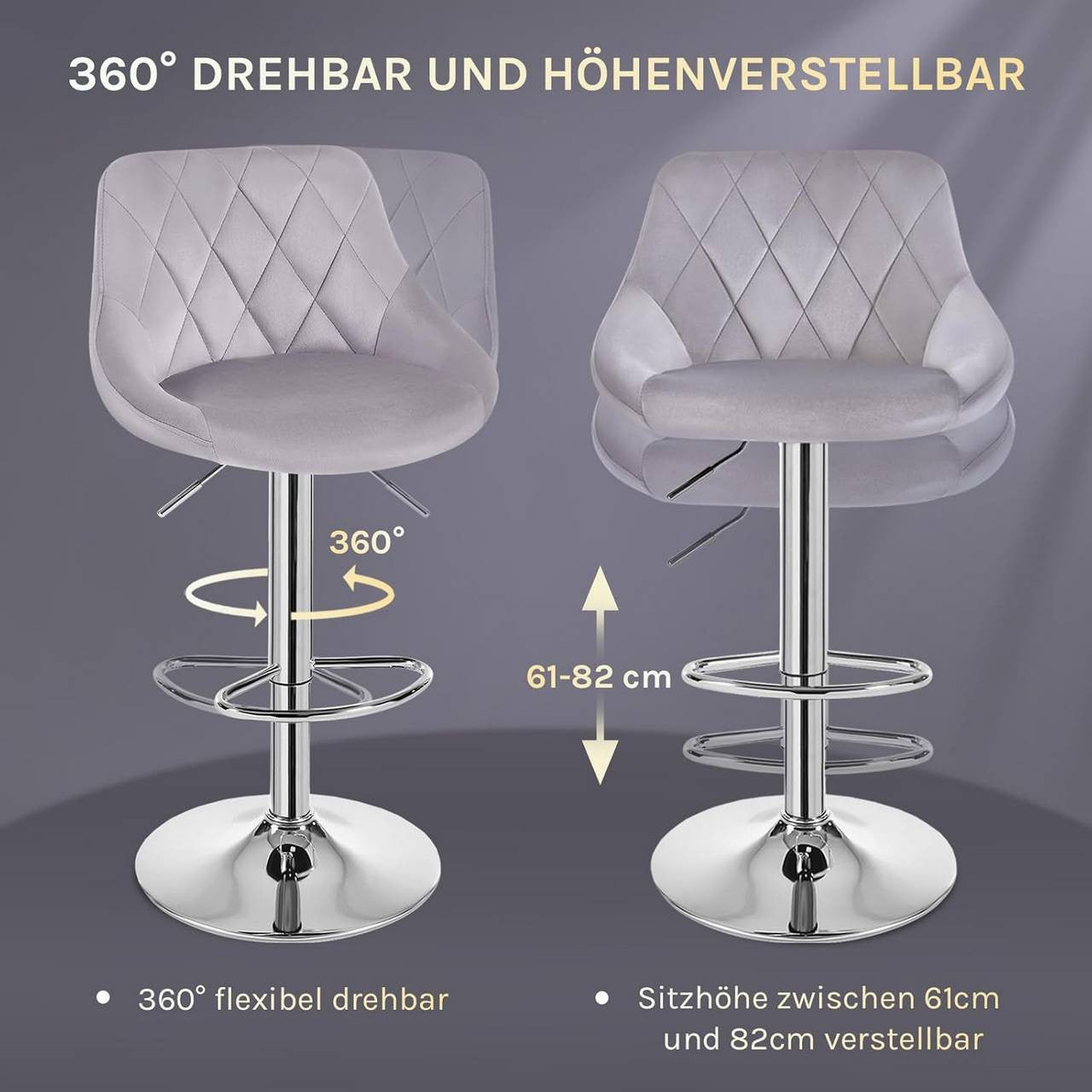 24goodz Set of 2 Bar Stools - Ergonomic Comfort - Adjustable Height - Velvet - For Home & Kitchen - Light Grey - hgr
