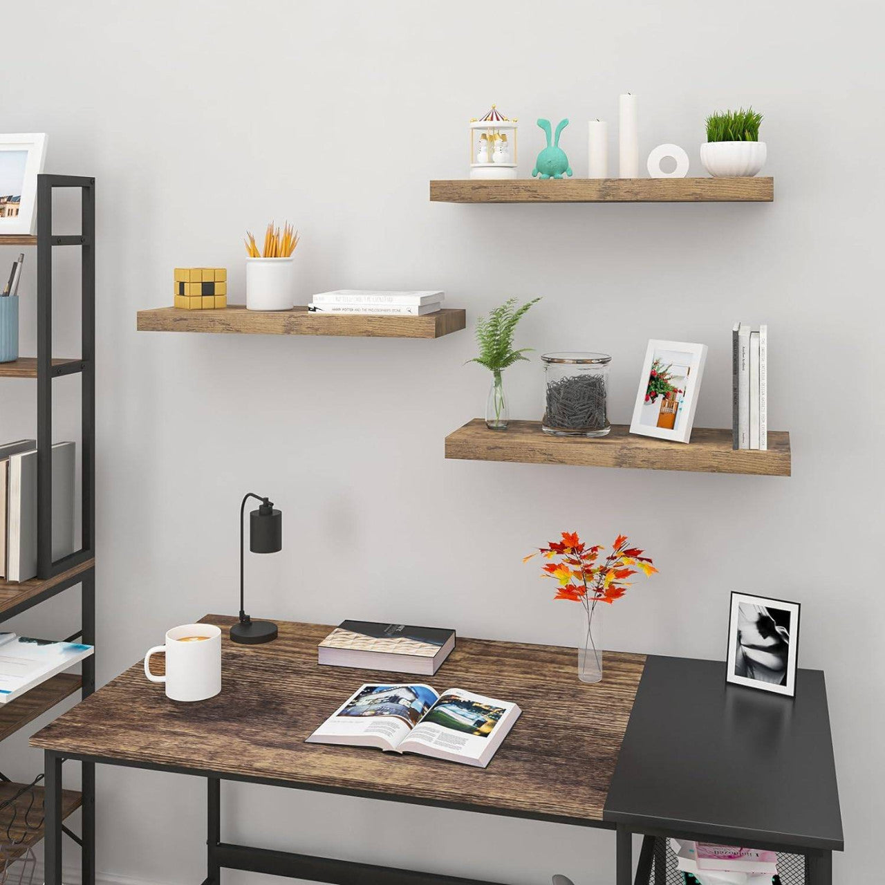 24goodz Set of 3 Floating Wall Shelves - Stylish and Versatile Design - MDF Wood - For Any Room - Vintage Brown - hov